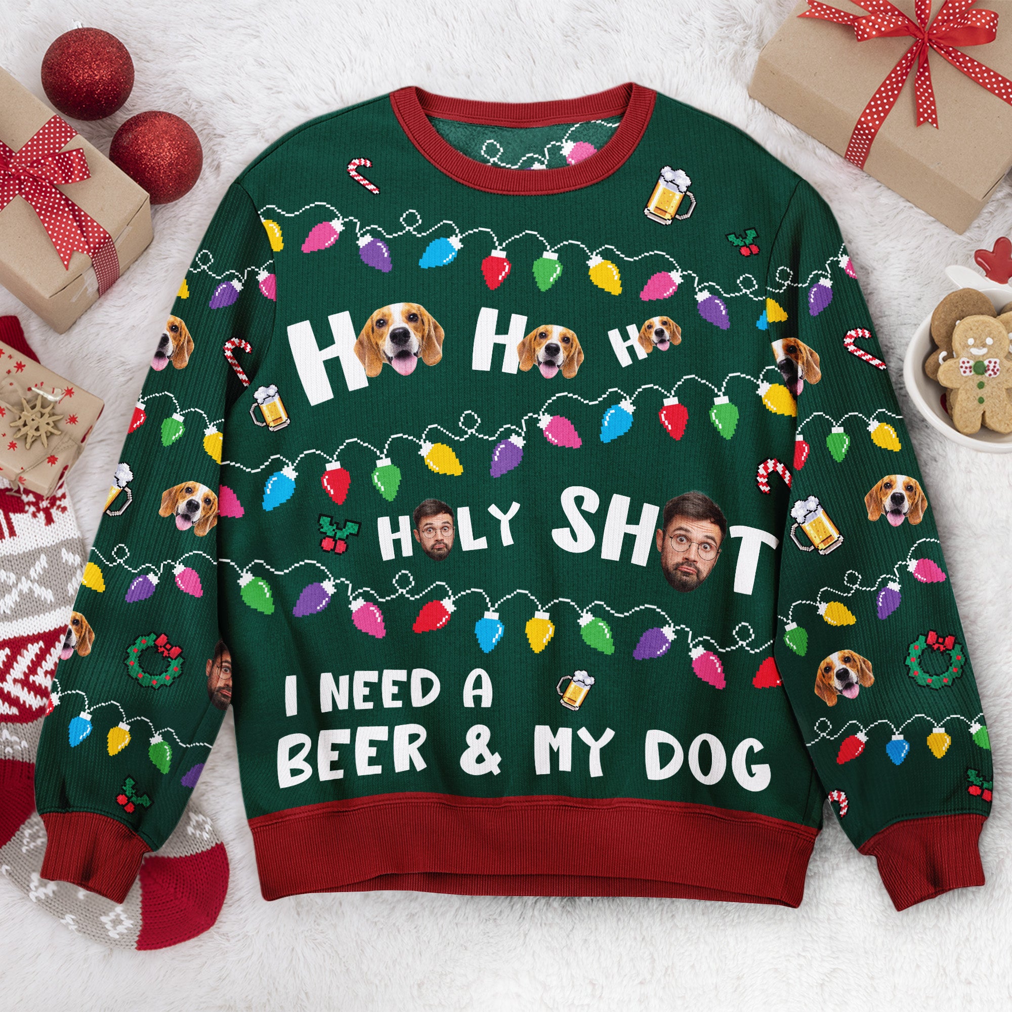 Ho Ho Holy I Need A Beer And My Dog - Personalized Photo Ugly Sweater