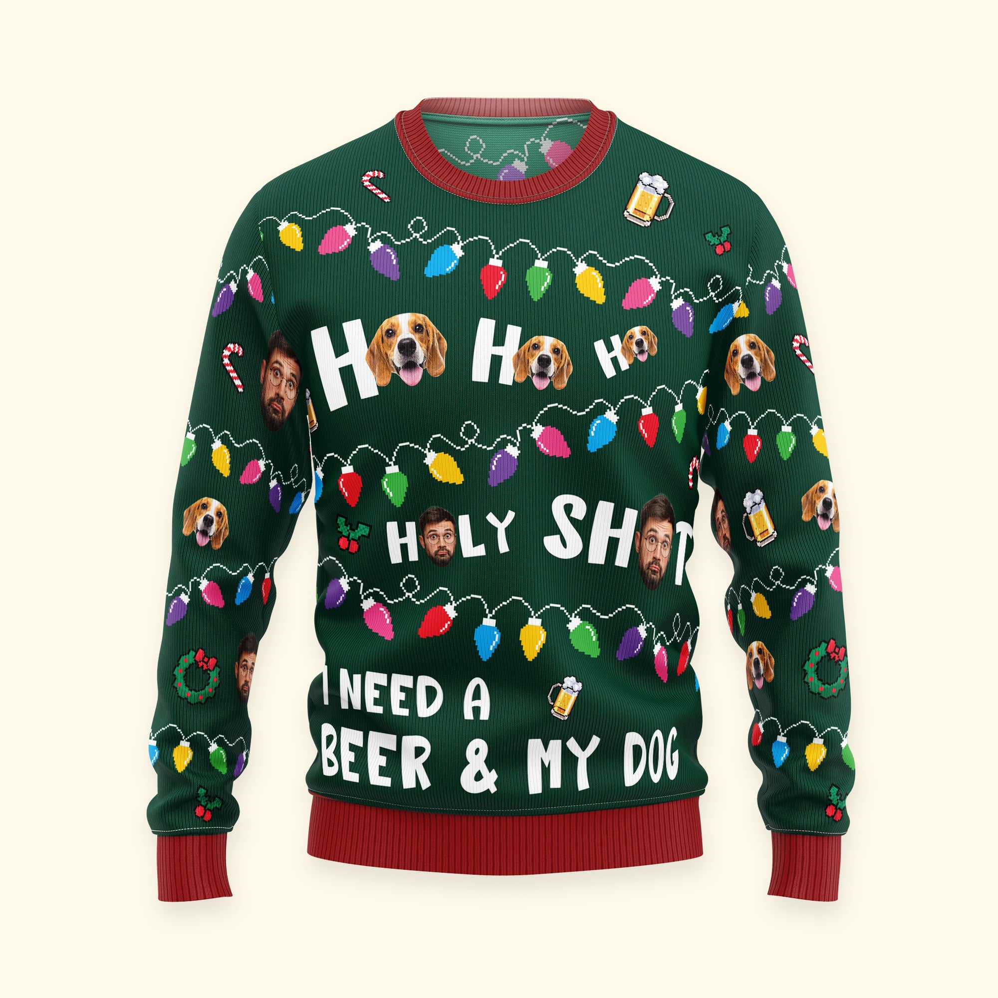 Ho Ho Holy I Need A Beer And My Dog - Personalized Photo Ugly Sweater