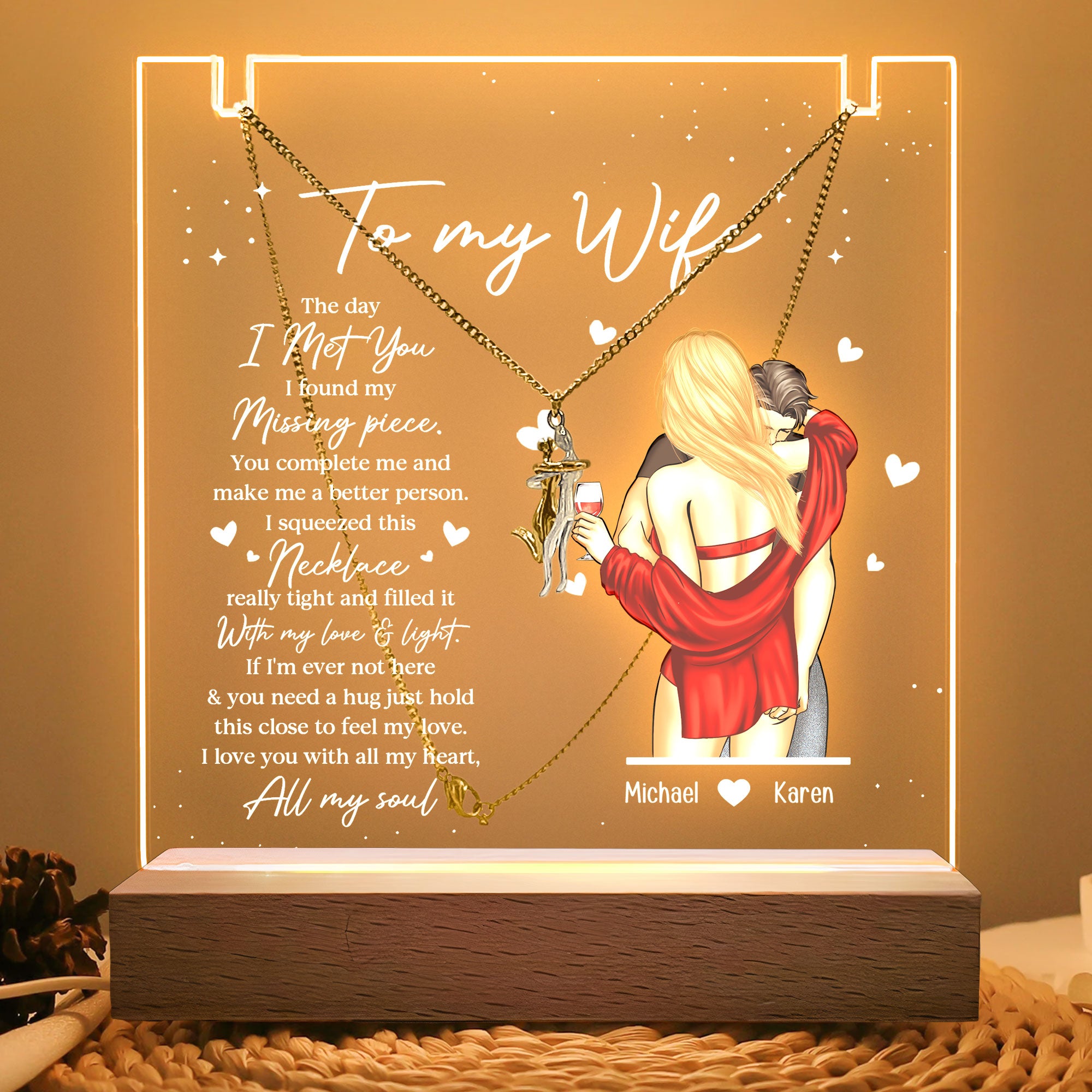 Hold This Close To Feel My Love - Personalized LED Light Acrylic Plaque With Couple Necklace