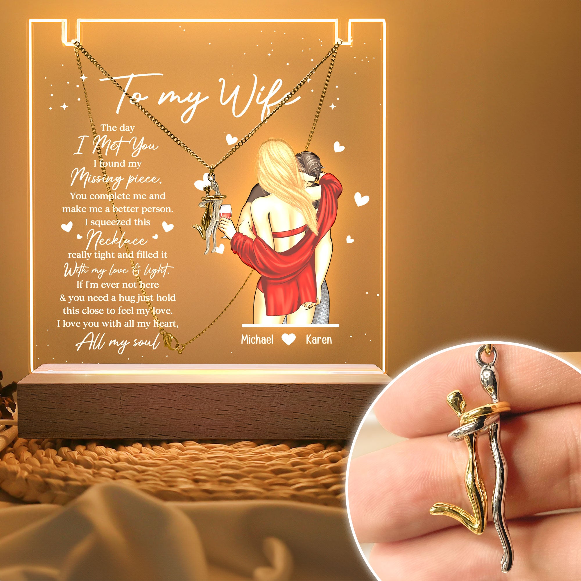 Hold This Close To Feel My Love - Personalized LED Light Acrylic Plaque With Couple Necklace