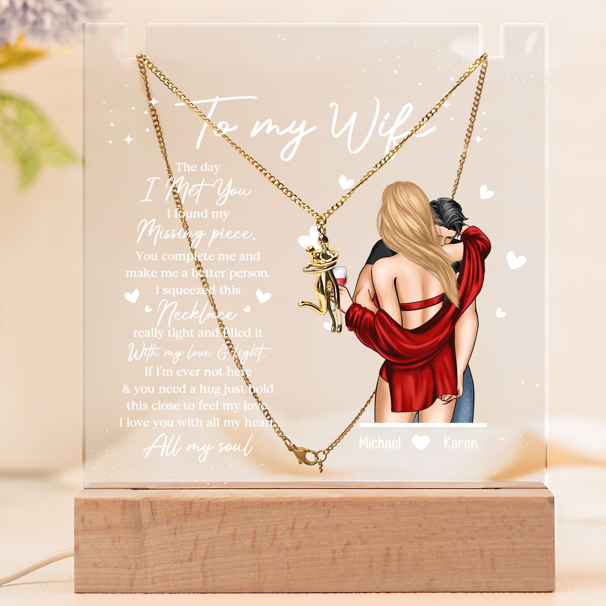 Hold This Close To Feel My Love - Personalized LED Light Acrylic Plaque With Couple Necklace