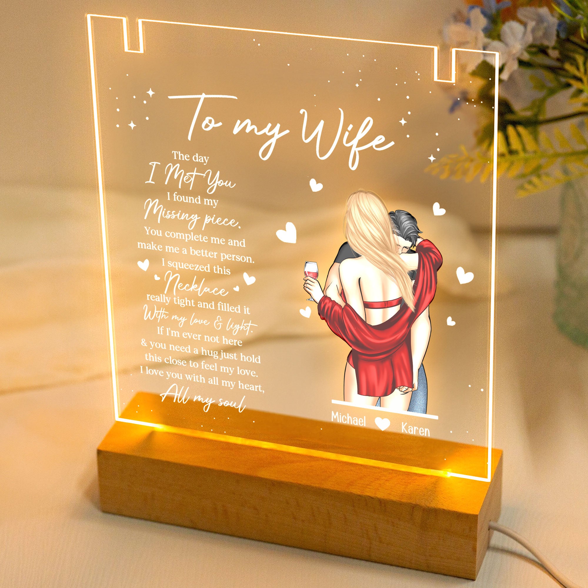 Hold This Close To Feel My Love - Personalized LED Light Acrylic Plaque With Couple Necklace