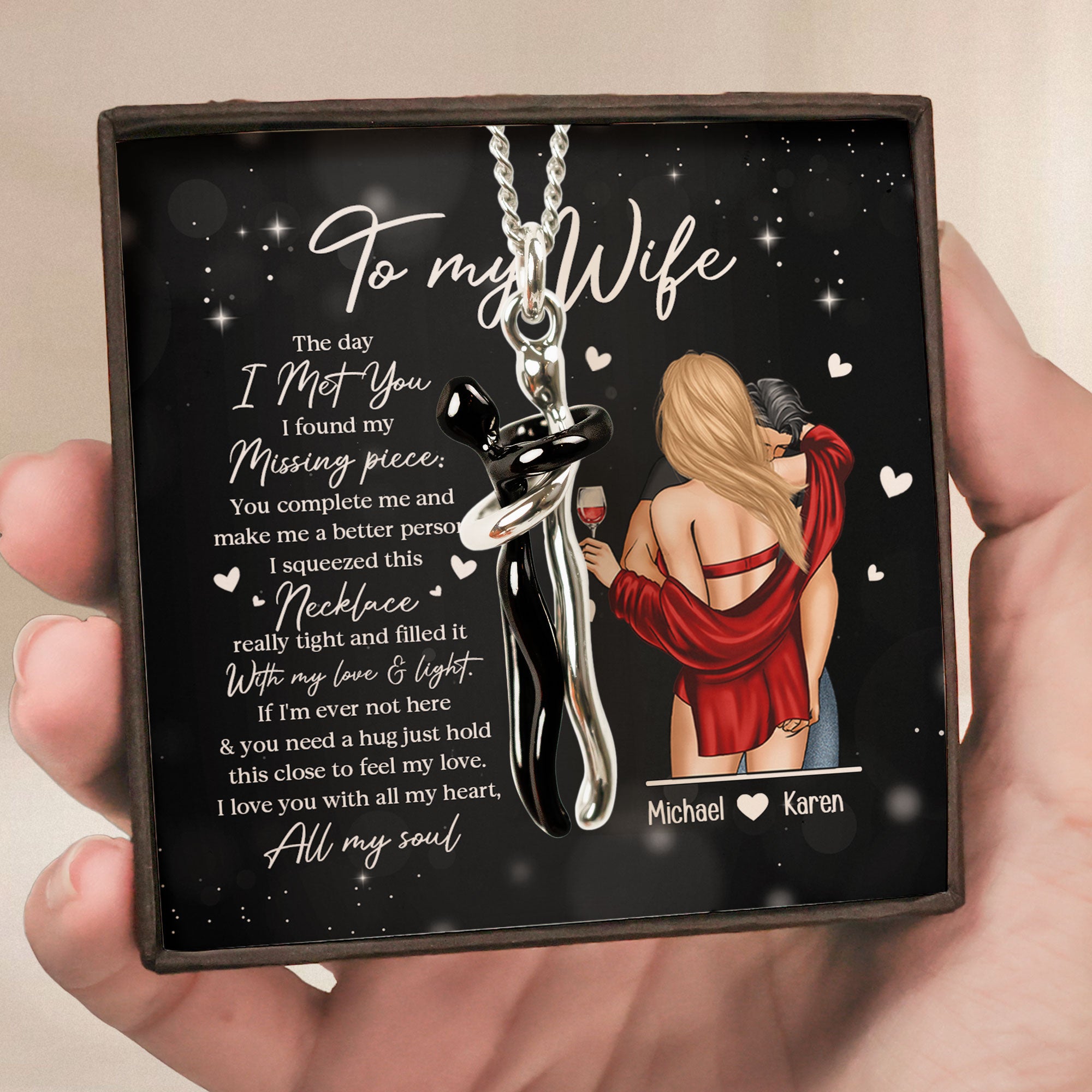 Hold This Close To Feel My Love Ver 2 - Personalized Couple Embrace Pendant Necklaces