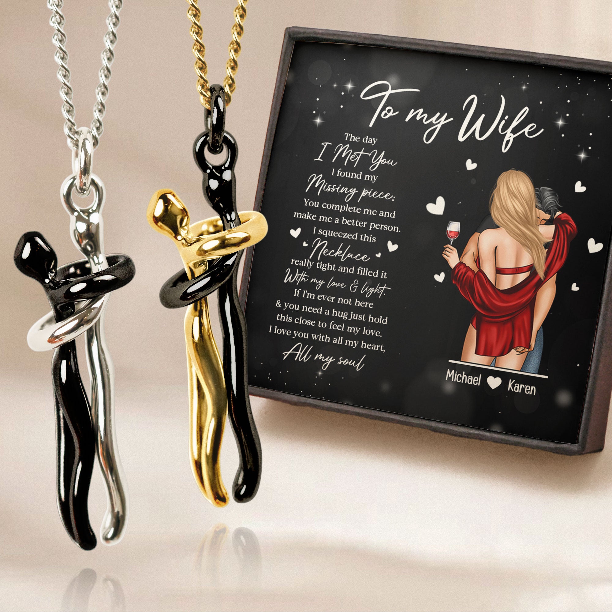 Hold This Close To Feel My Love Ver 2 - Personalized Couple Embrace Pendant Necklaces