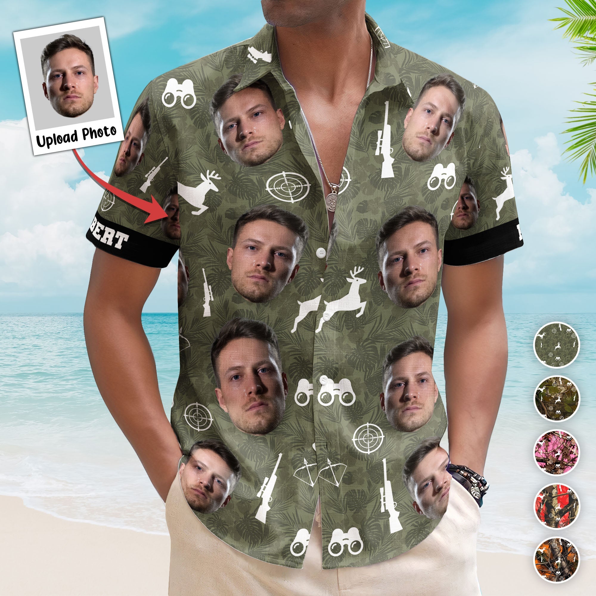 Hunting Camo Tropical Pattern Custom Face Aloha Shirts - Custom Photo Hawaiian Shirts