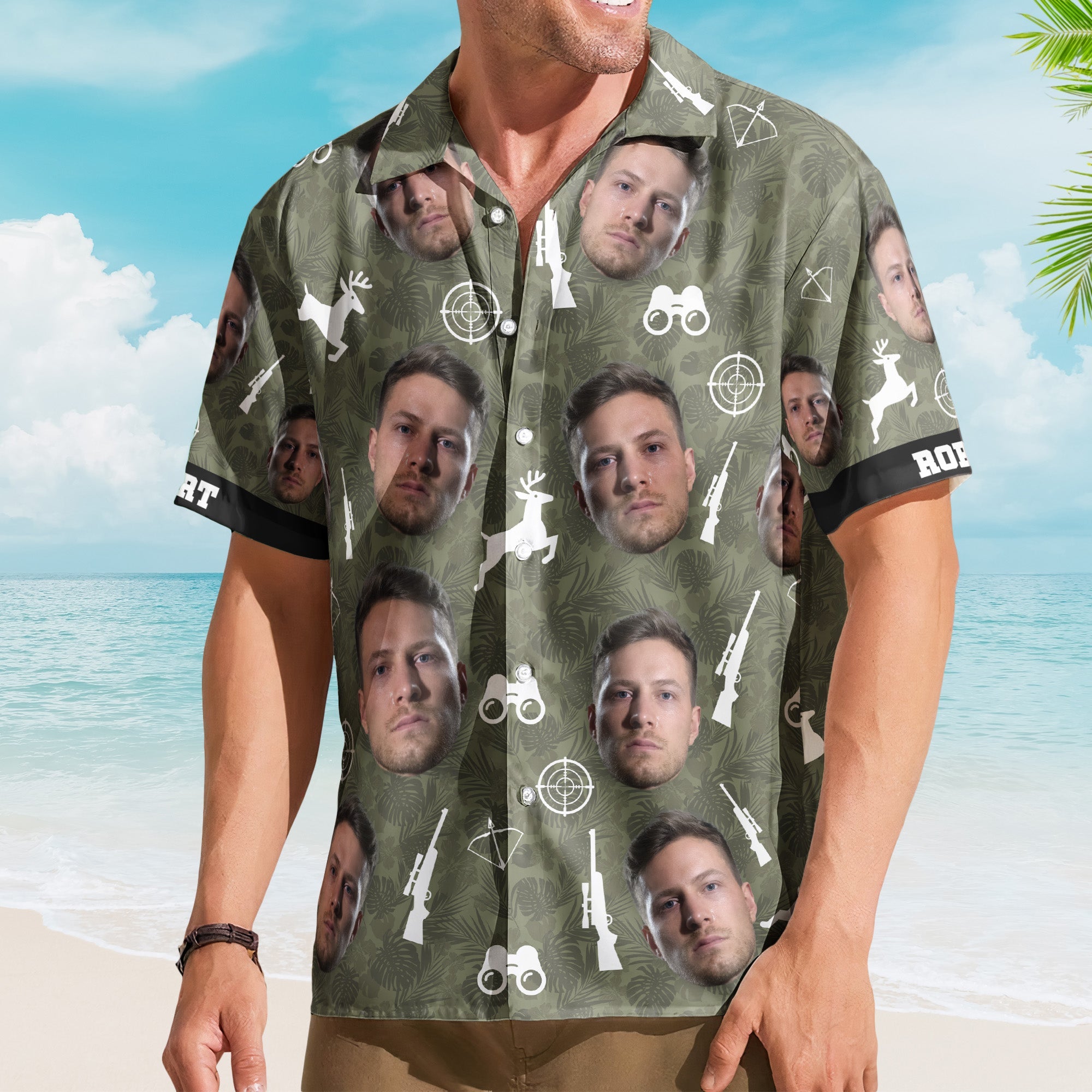 Hunting Camo Tropical Pattern Custom Face Aloha Shirts - Custom Photo Hawaiian Shirts