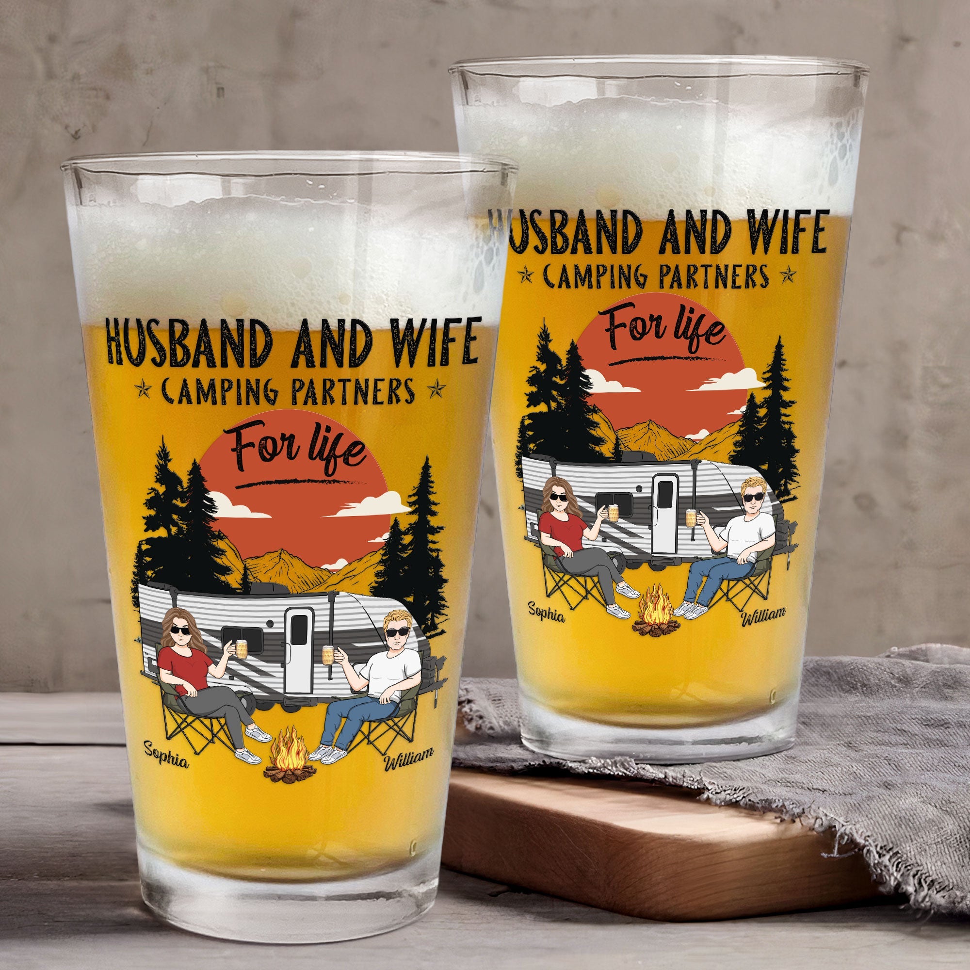 Husband And Wife Camping Partners For Life - Personalized Beer Glass