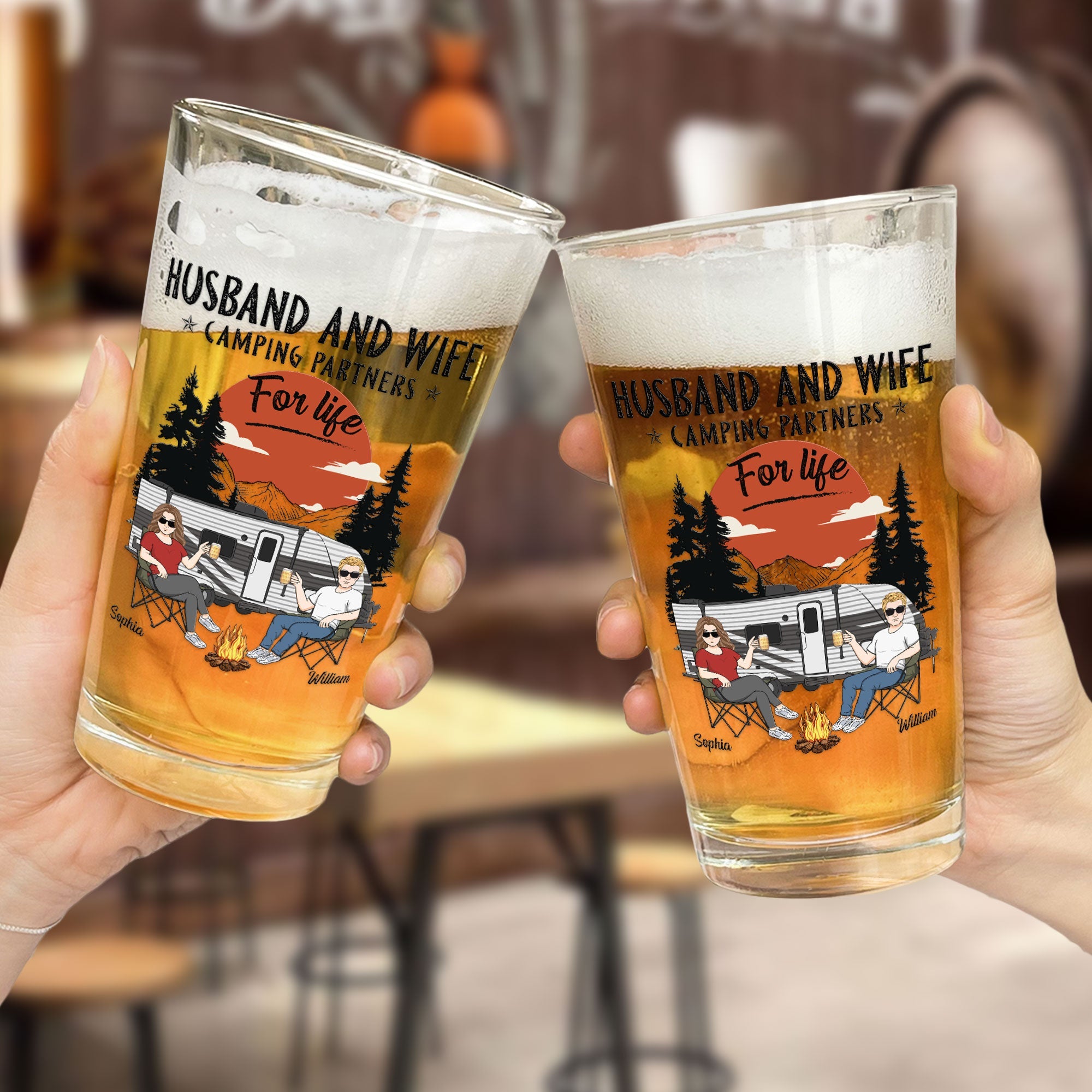 Husband And Wife Camping Partners For Life - Personalized Beer Glass