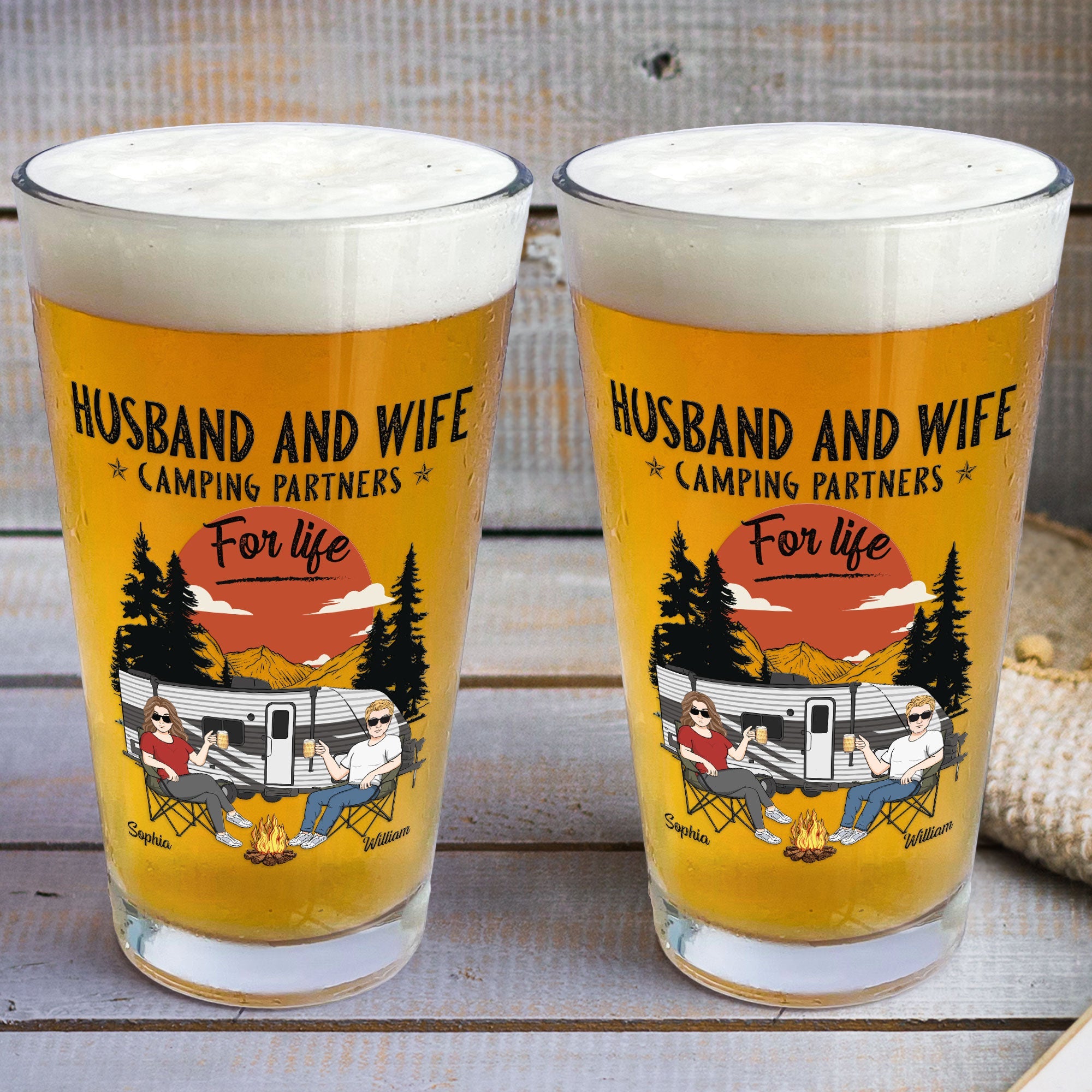 Husband And Wife Camping Partners For Life - Personalized Beer Glass