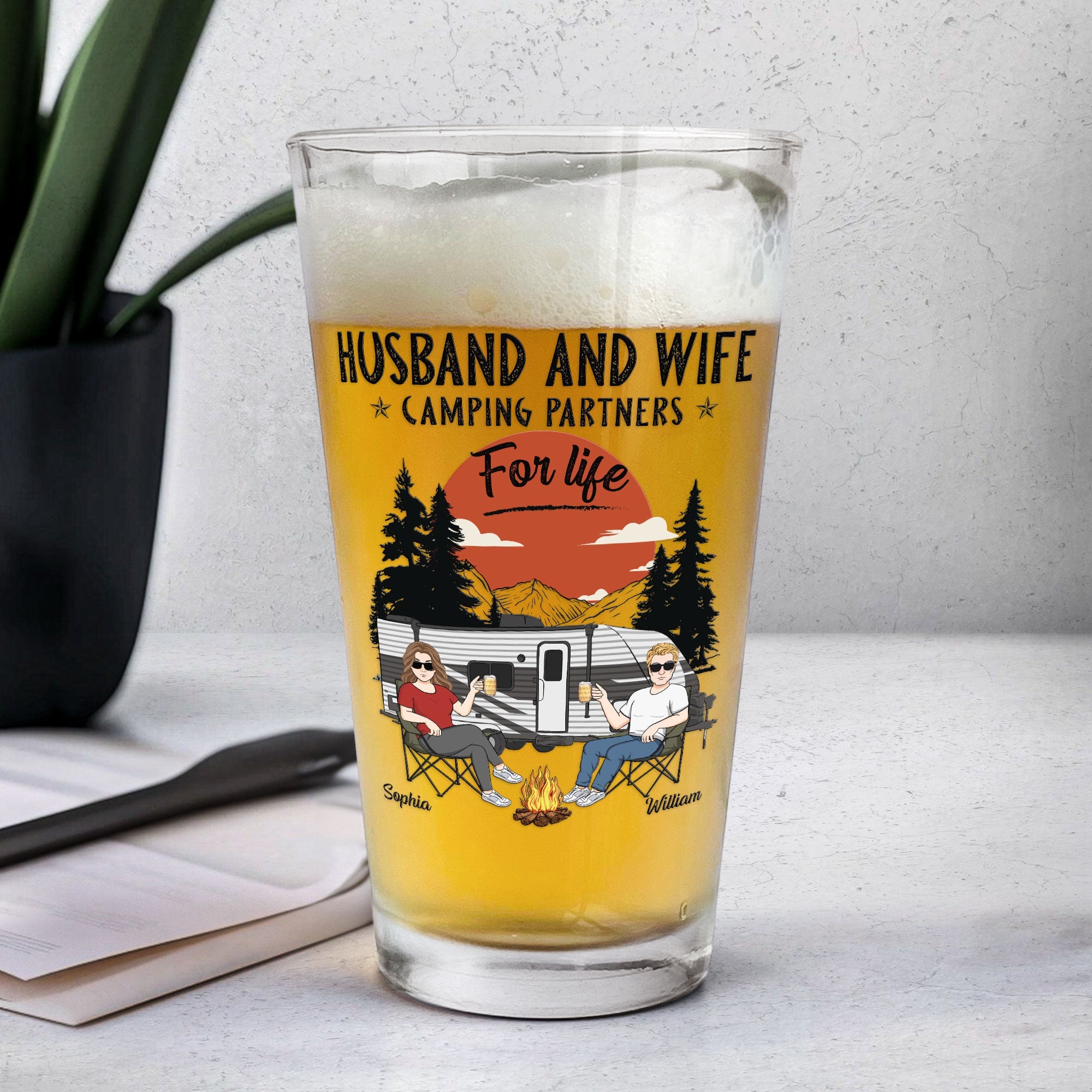 Husband And Wife Camping Partners For Life - Personalized Beer Glass