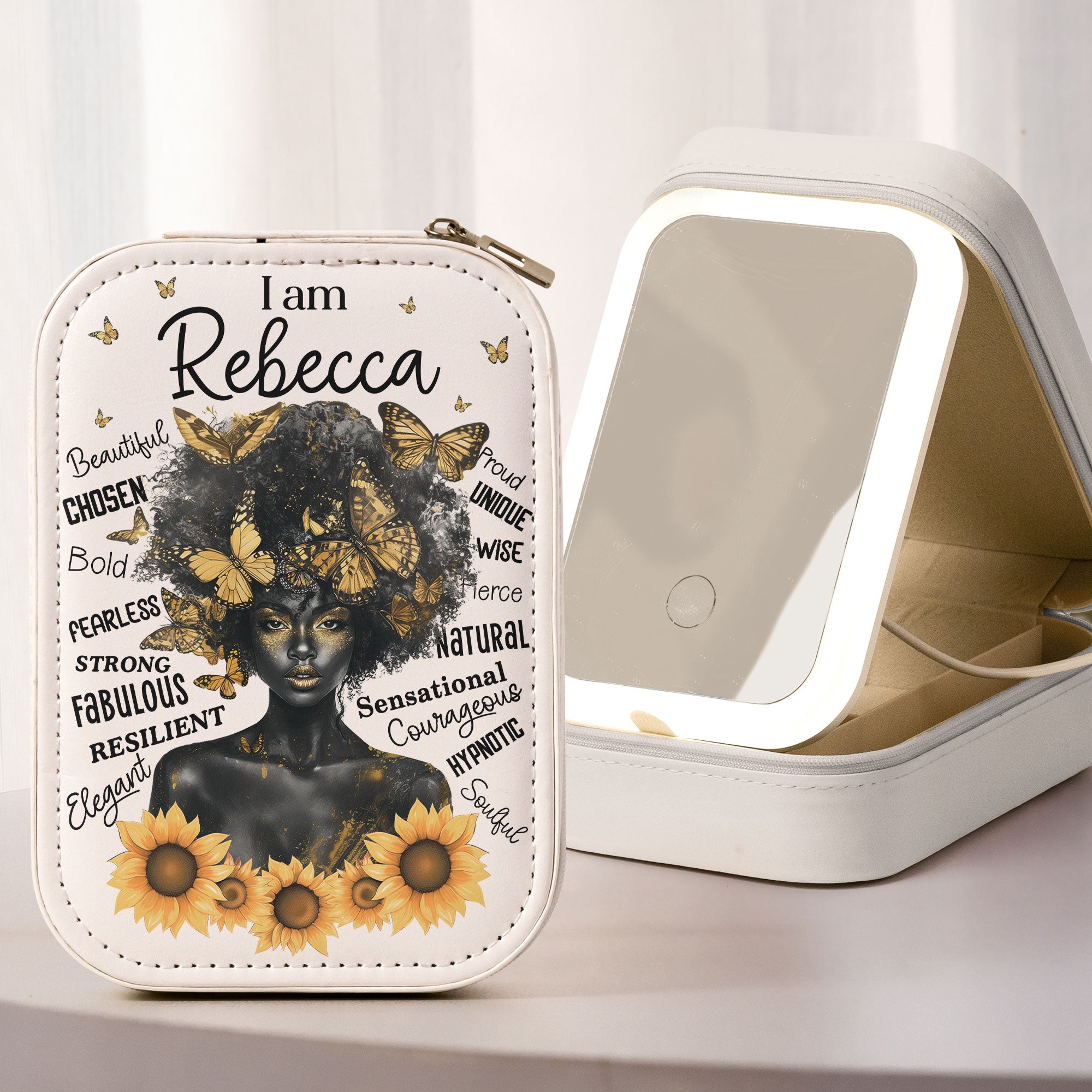 I Am Beautiful, Strong & Bold - Custom Makeup Box With LED Mirror