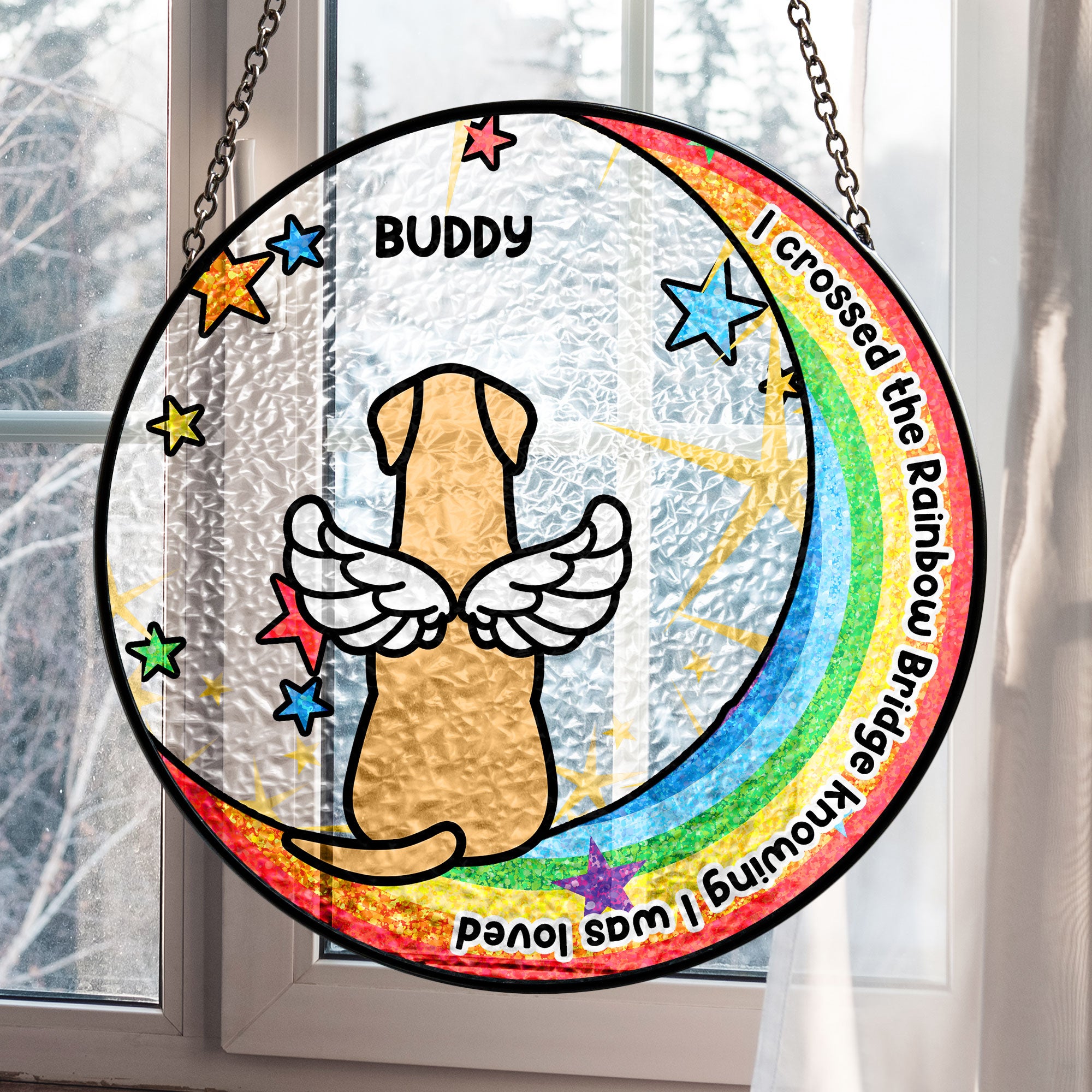 I Crossed The Rainbow Bridge - Personalized Stained Glass Window Hanging Suncatcher