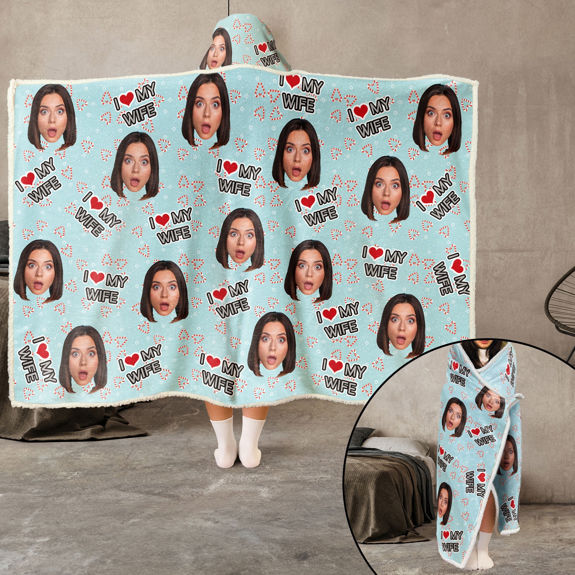 I Love My Wife, Husband - Personalized Photo Wearable Blanket Hoodie