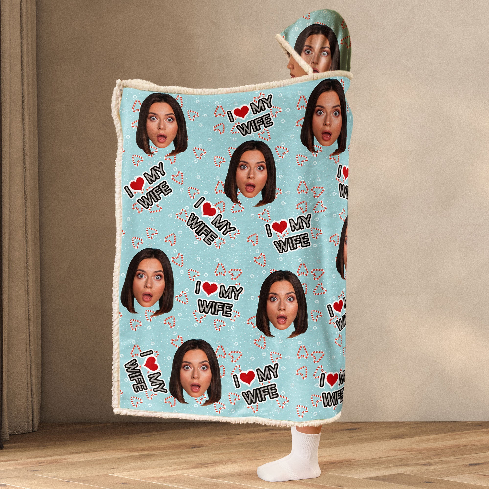 I Love My Wife, Husband - Personalized Photo Wearable Blanket Hoodie