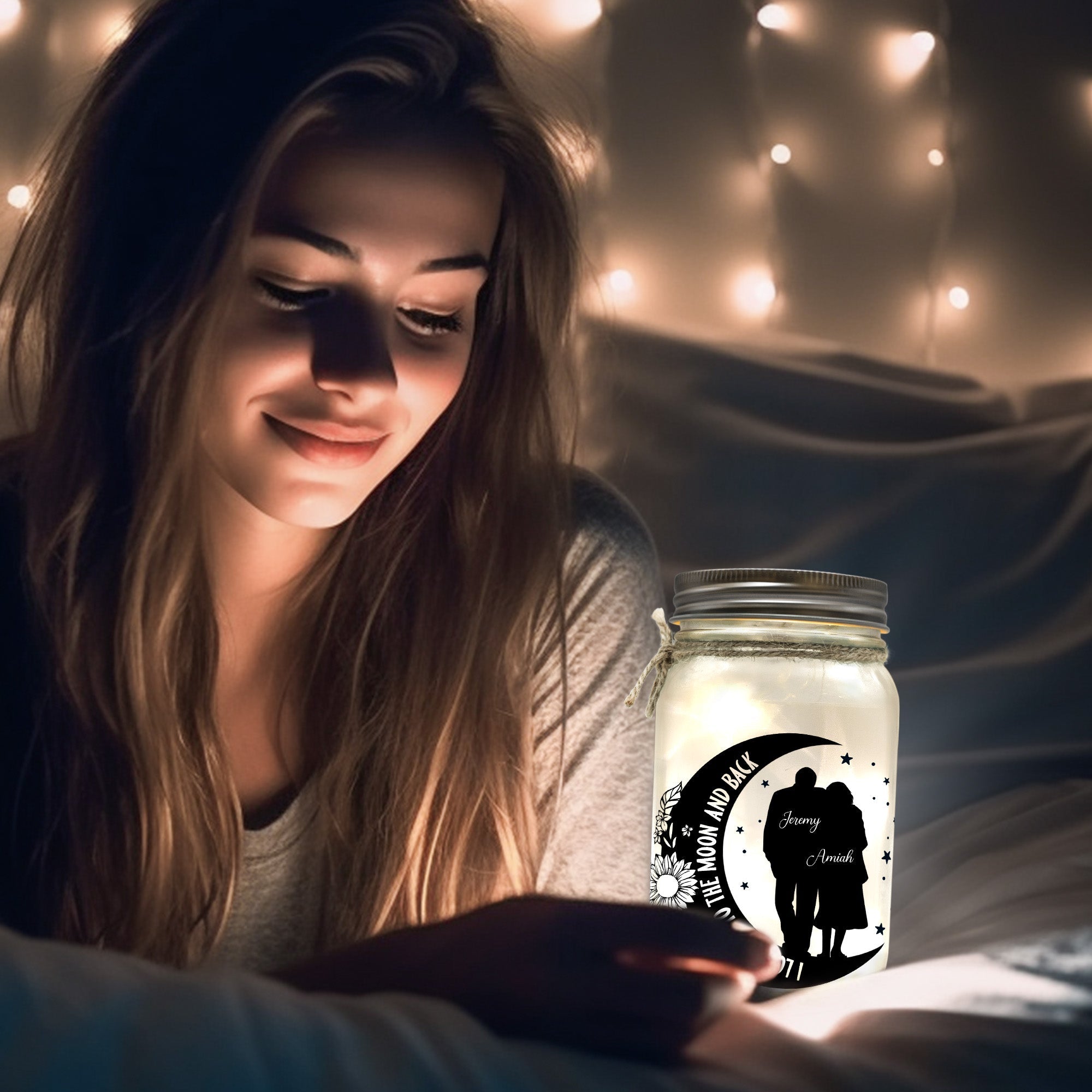 I Love You To The Moon And Back Couple Gift - Personalized Mason Jar Light