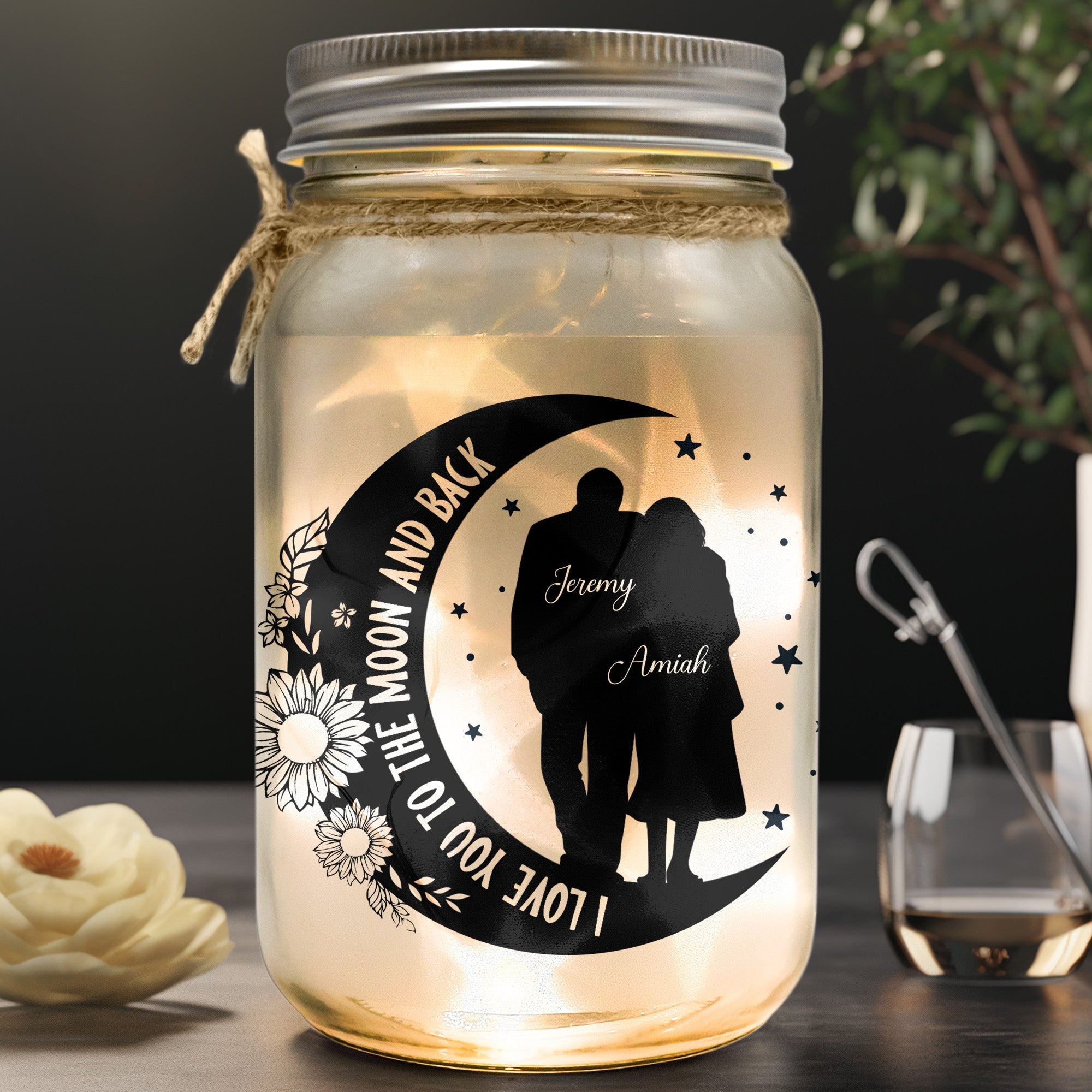 I Love You To The Moon And Back Couple Gift - Personalized Mason Jar Light