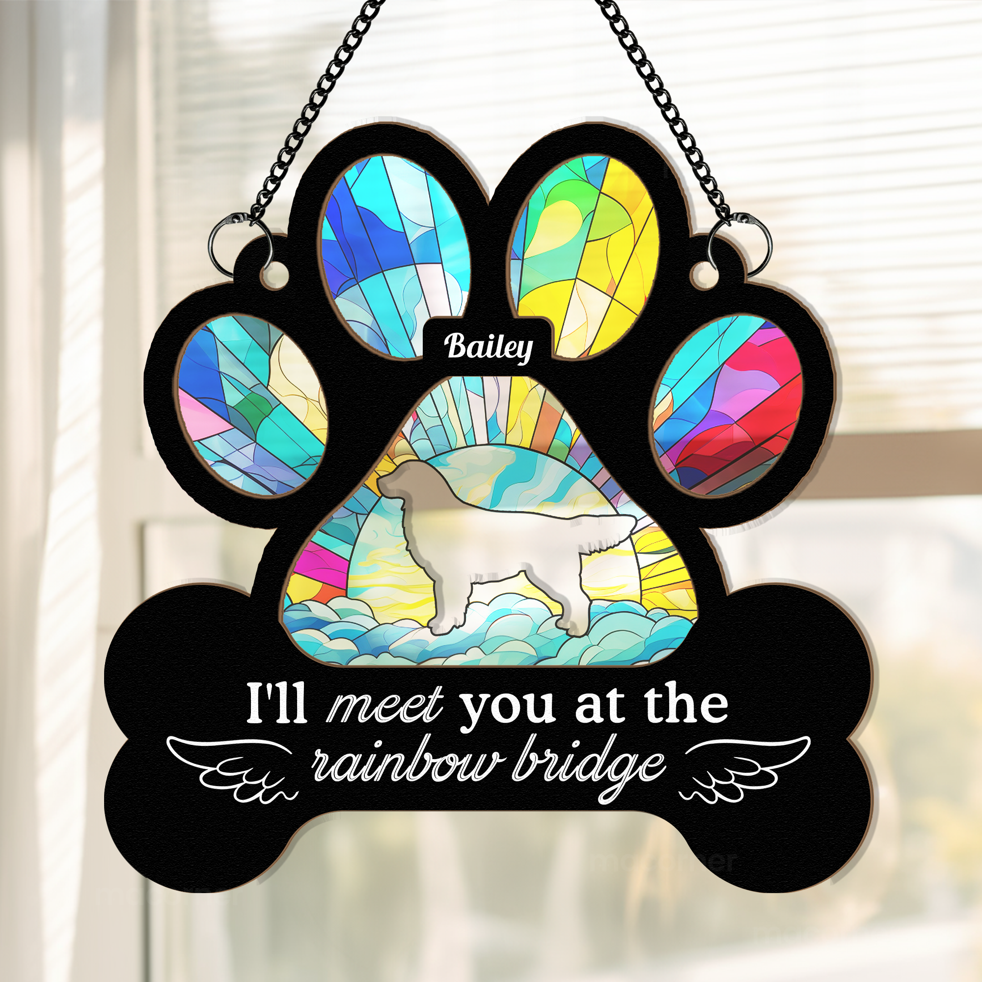 I'll Meet You At The Rainbow Bridge - Personalized Window Hanging Suncatcher Ornament - Pawprint Shape