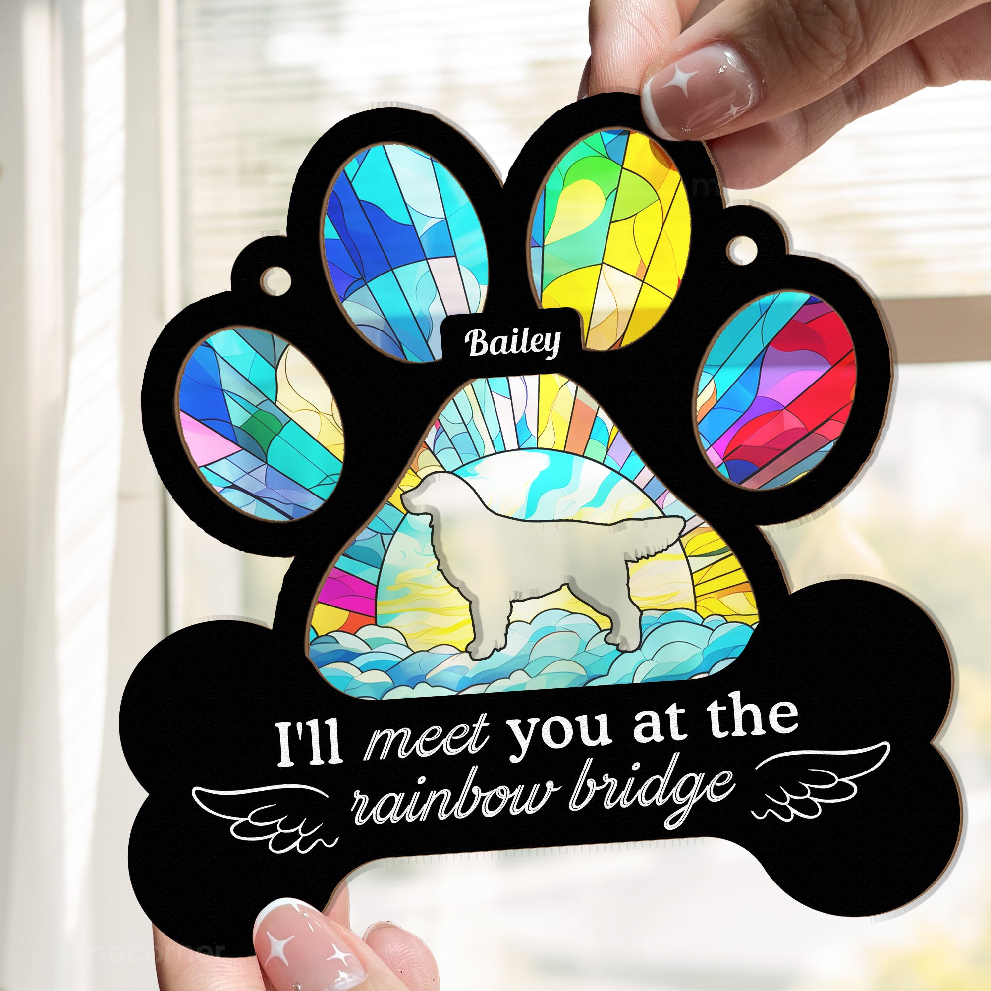 I'll Meet You At The Rainbow Bridge - Personalized Window Hanging Suncatcher Ornament - Pawprint Shape