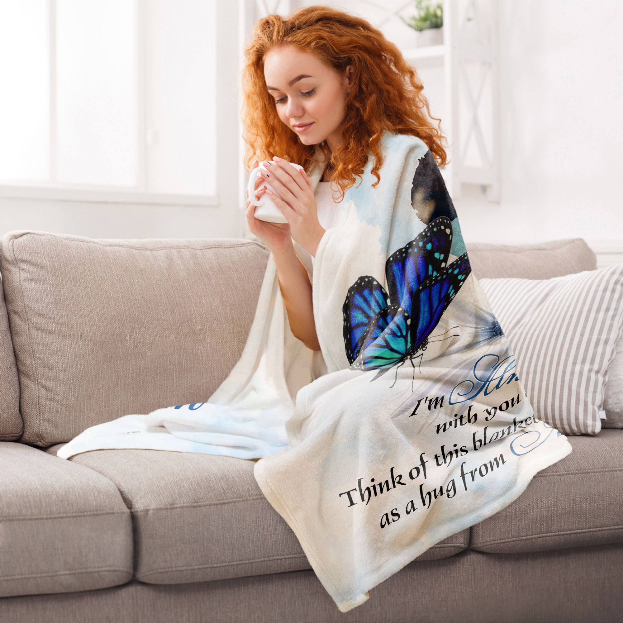 I'm Always With You Blue Butterfly Memorial - Personalized Photo Blanket