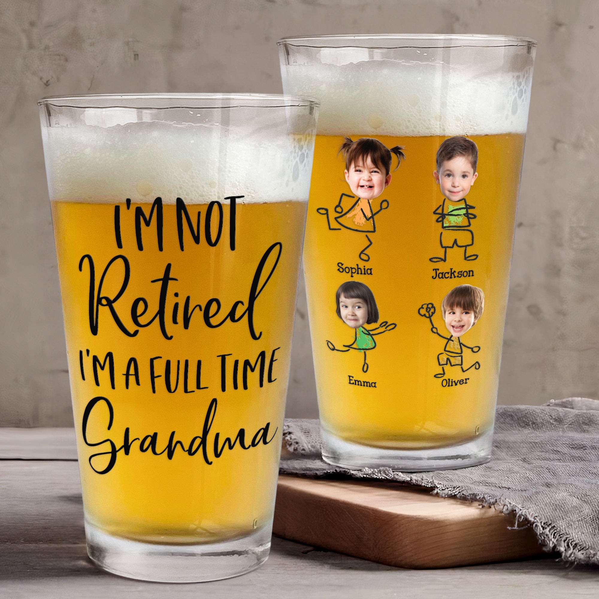 I'm Not Retired I'm A Full-Time Grandpa/Grandma - Personalized Photo Beer Glass