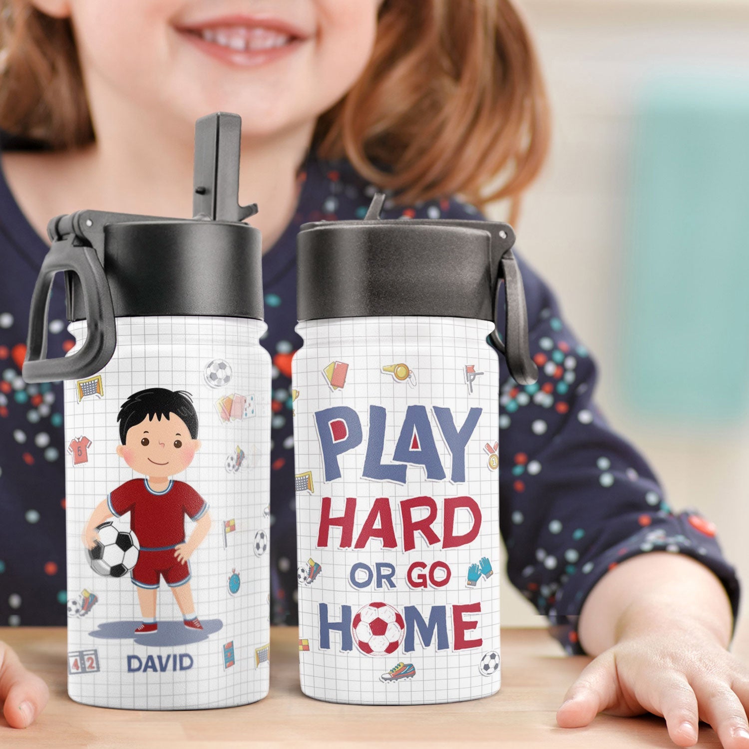 Ice Soccer Play Hard Or Go Home - Personalized Kids Water Bottle With Straw Lid