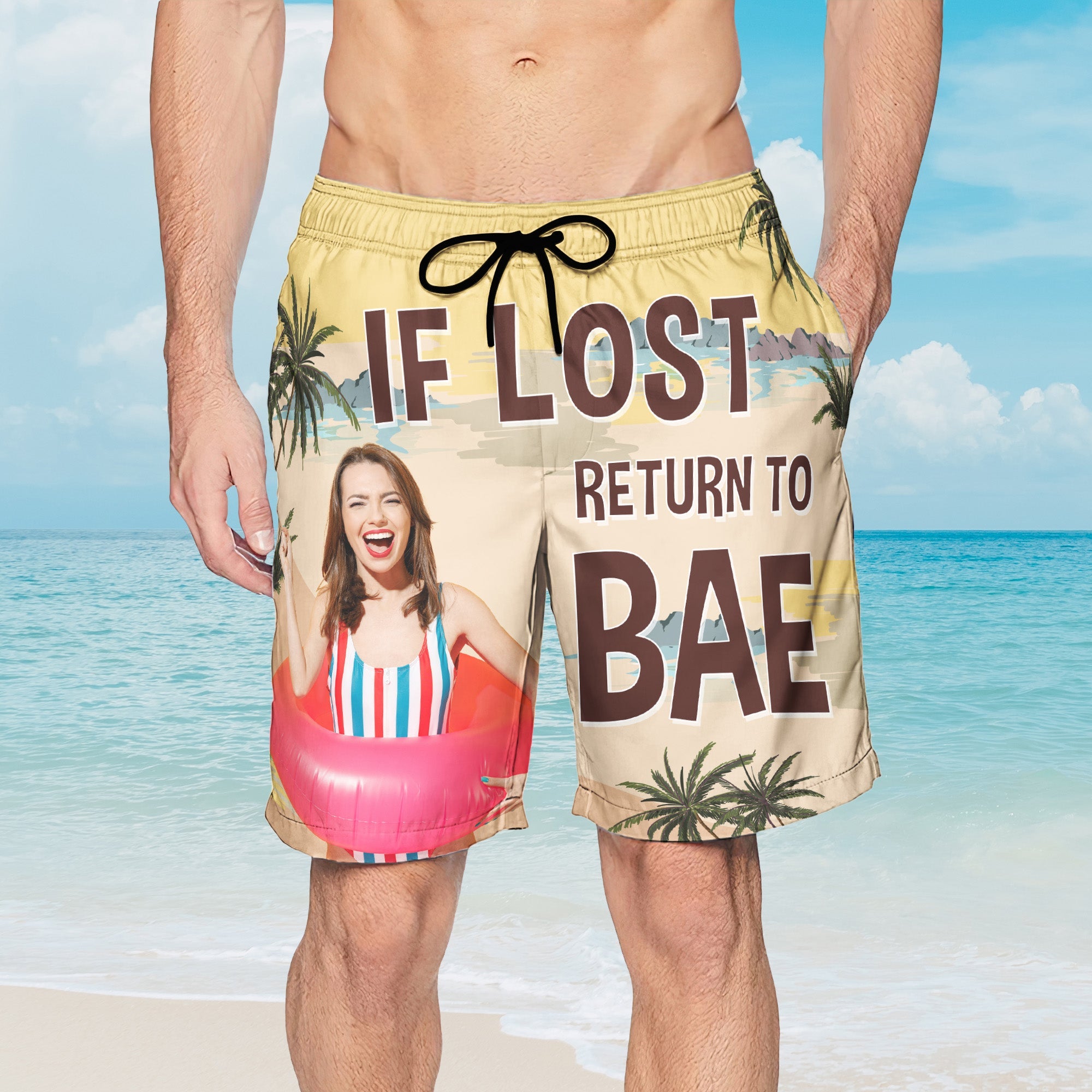 If Lost Return To Bae - Personalized Photo Couple Beach Shorts