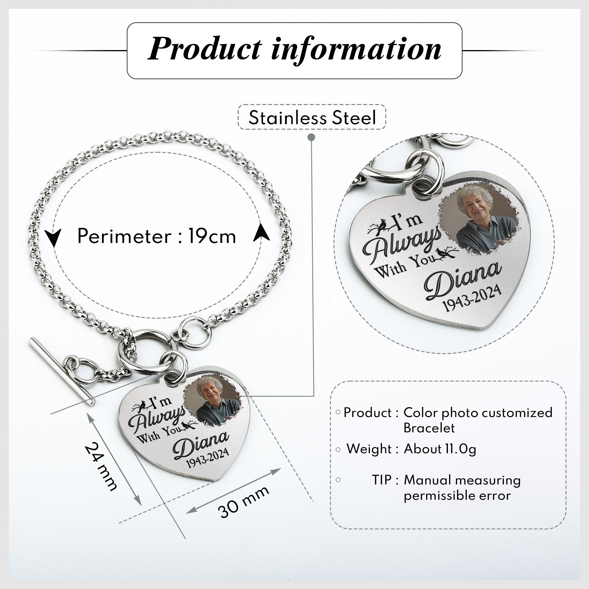 I'm Always With You New Version - Personalized Photo Heart Bracelet