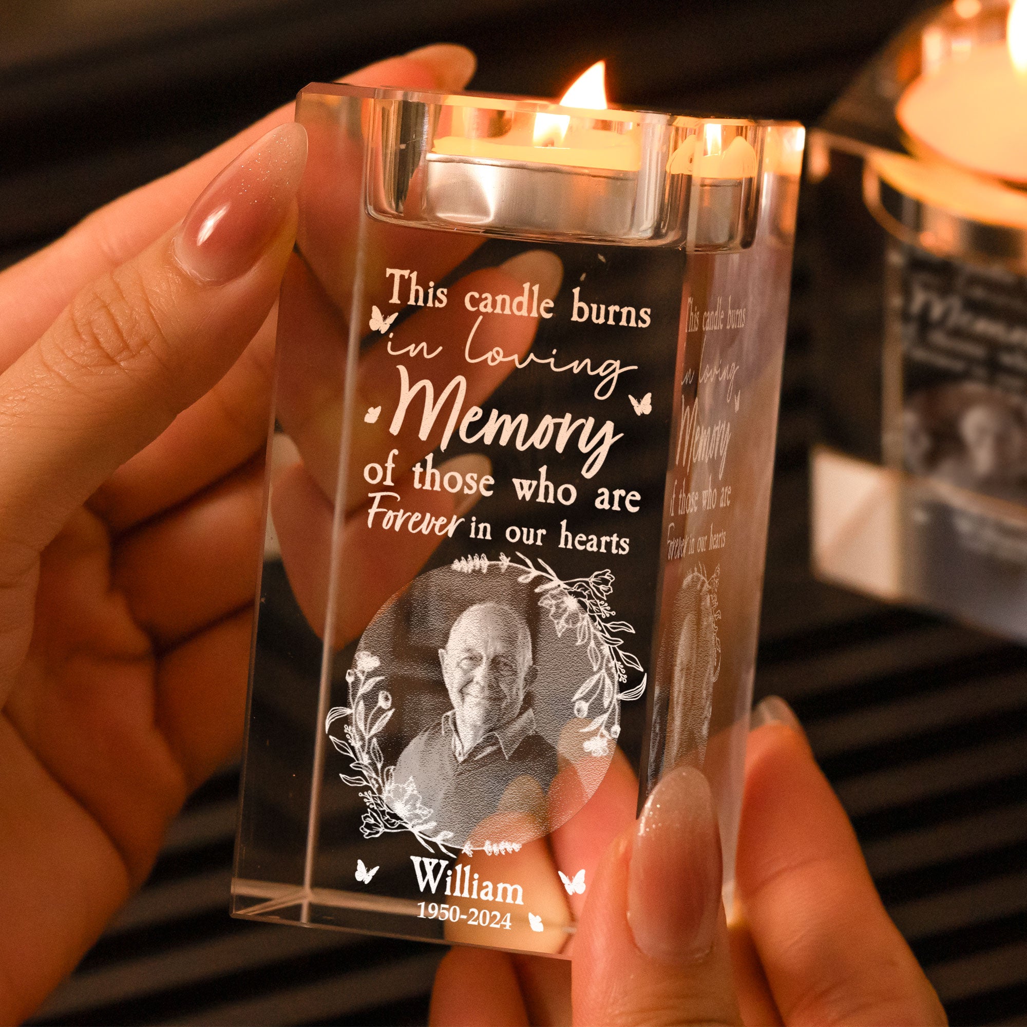 In Loving Memory This Candle Burns - Personalized 2D Photo Crystal Candle Holder