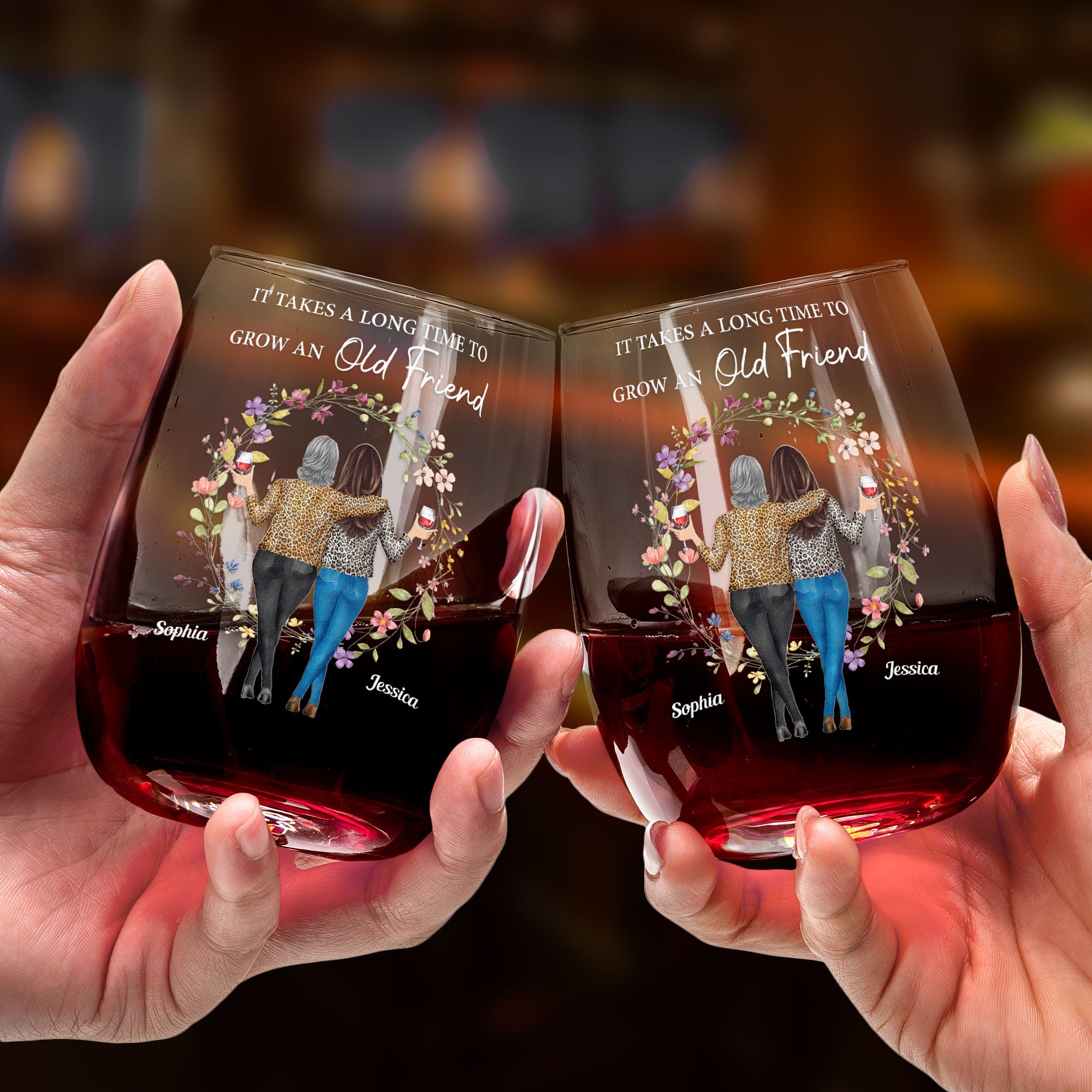 It Takes A Long Time To Grow An Old Friend - Personalized Stemless Wine Glass