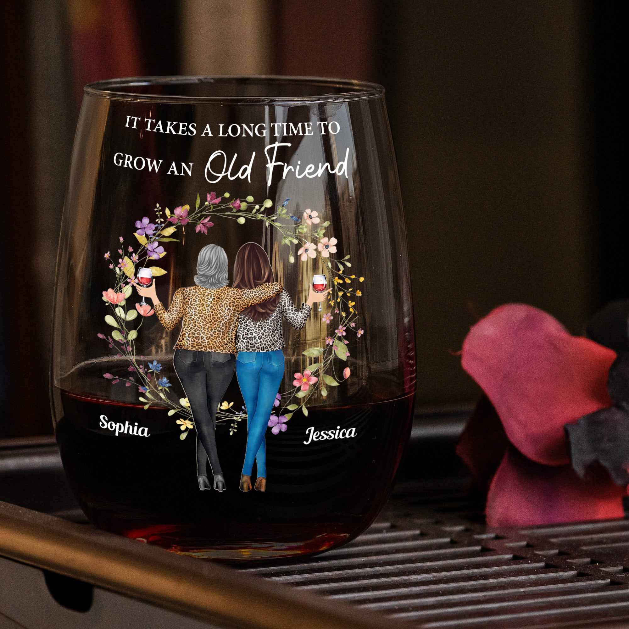 It Takes A Long Time To Grow An Old Friend - Personalized Stemless Wine Glass