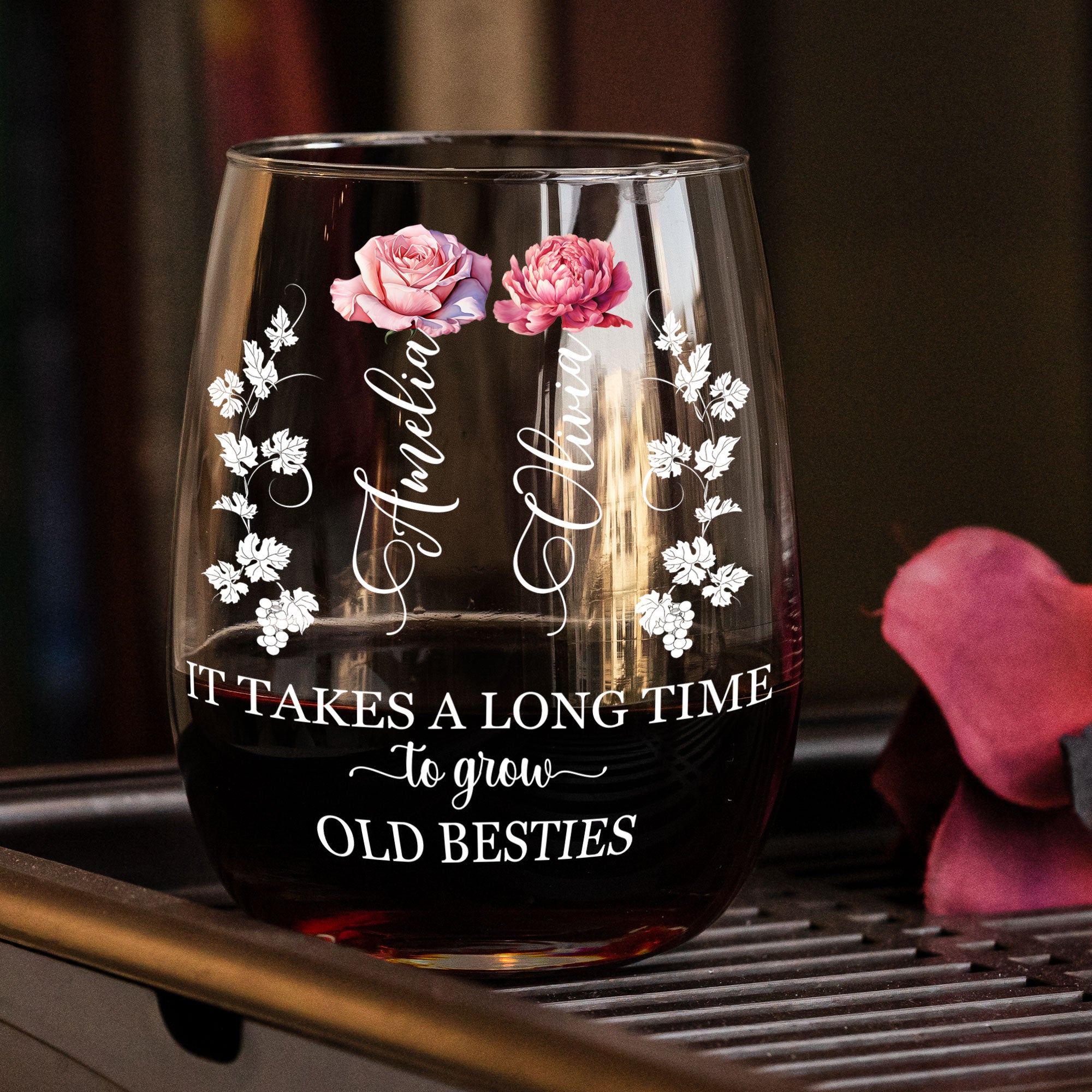 It Takes A Long Time To Grow Old Besties- Personalized Stemless Wine Glass