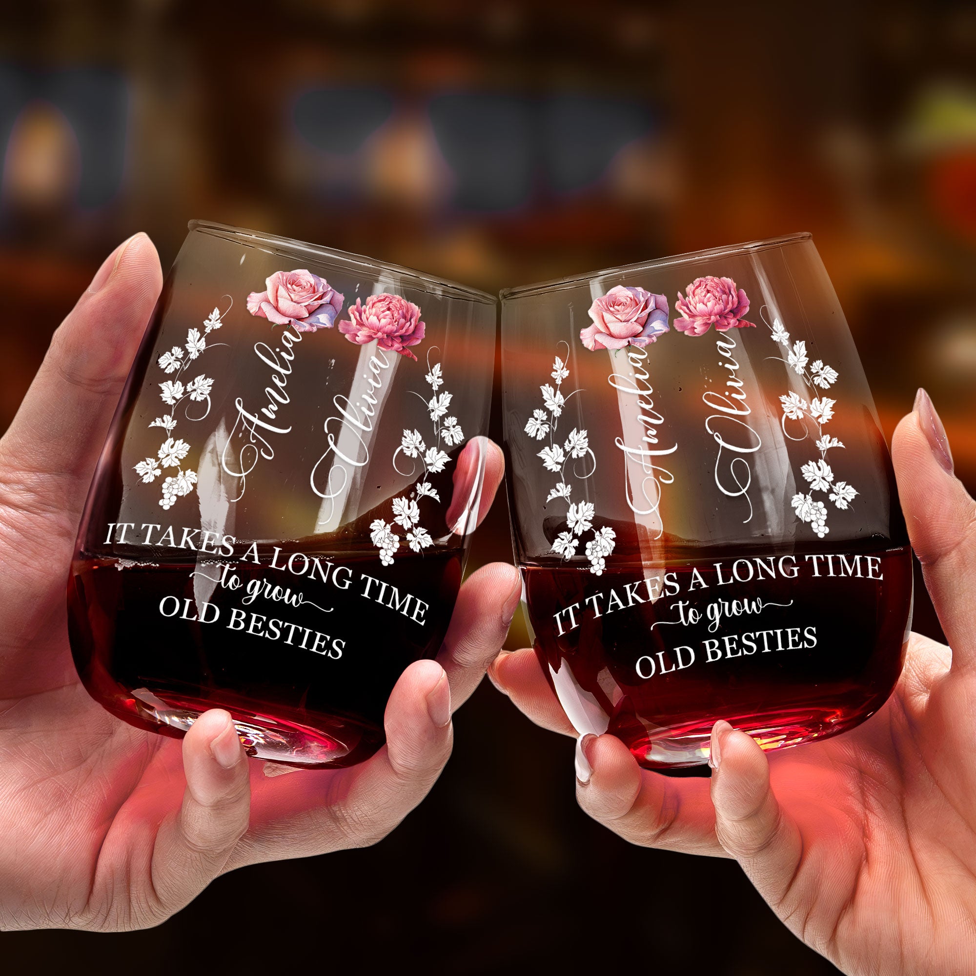 It Takes A Long Time To Grow Old Besties- Personalized Stemless Wine Glass