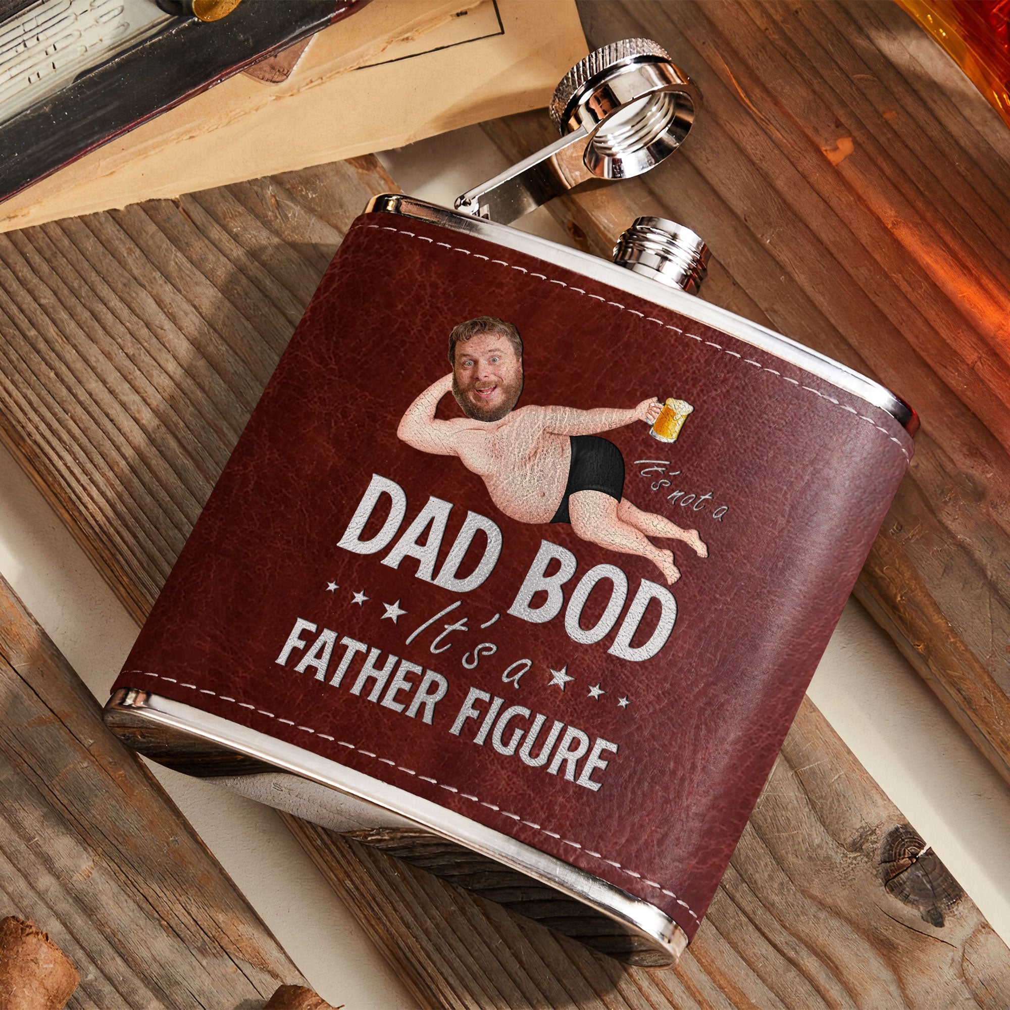 Its Not A Dad Bod It's A Father Figure Funny - Personalized Photo Leather Flask