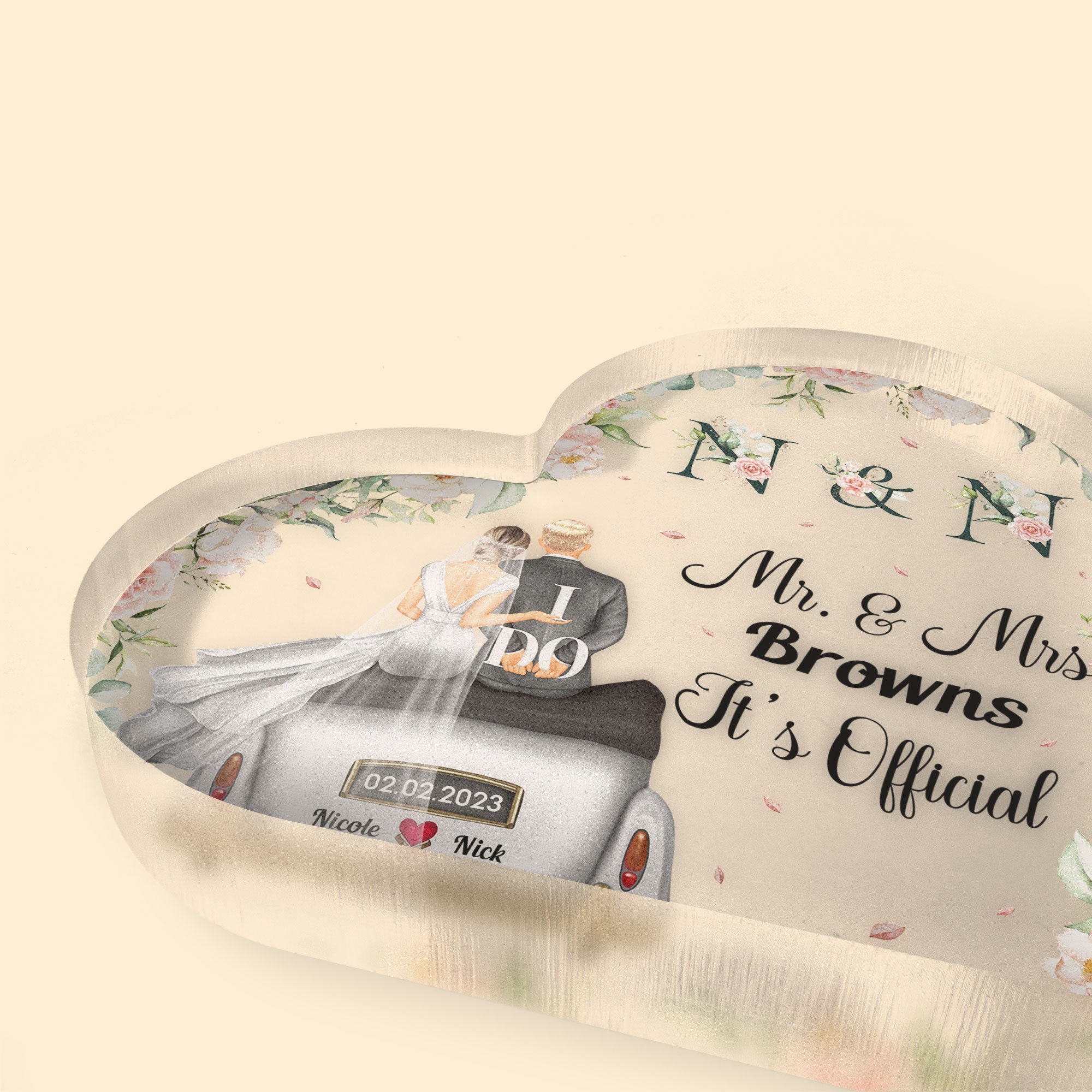 It's Official Mr. & Mrs. - Personalized Heart Shaped Acrylic Plaque - Wedding, Anniversary, Loving Gift For Newly Wed Couples, Hubby & Wifey, Husband & Wife