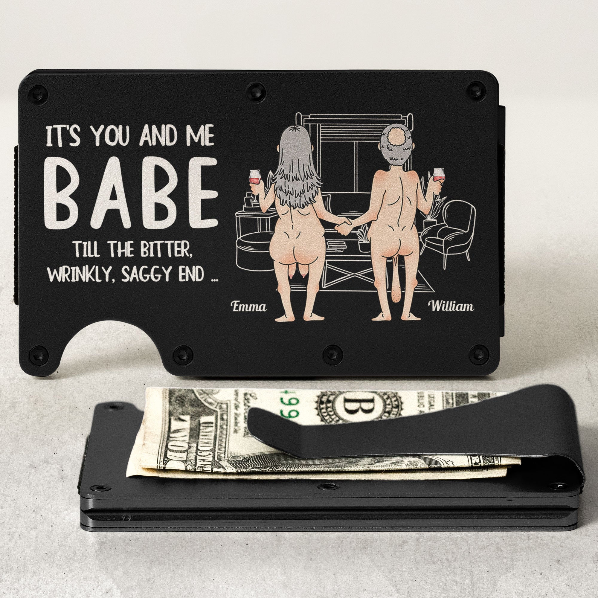 Its You And Me Babe Till The Bitter Wrinkly Saggy End Funny Gift For Couple - Personalized Metal Card Holder