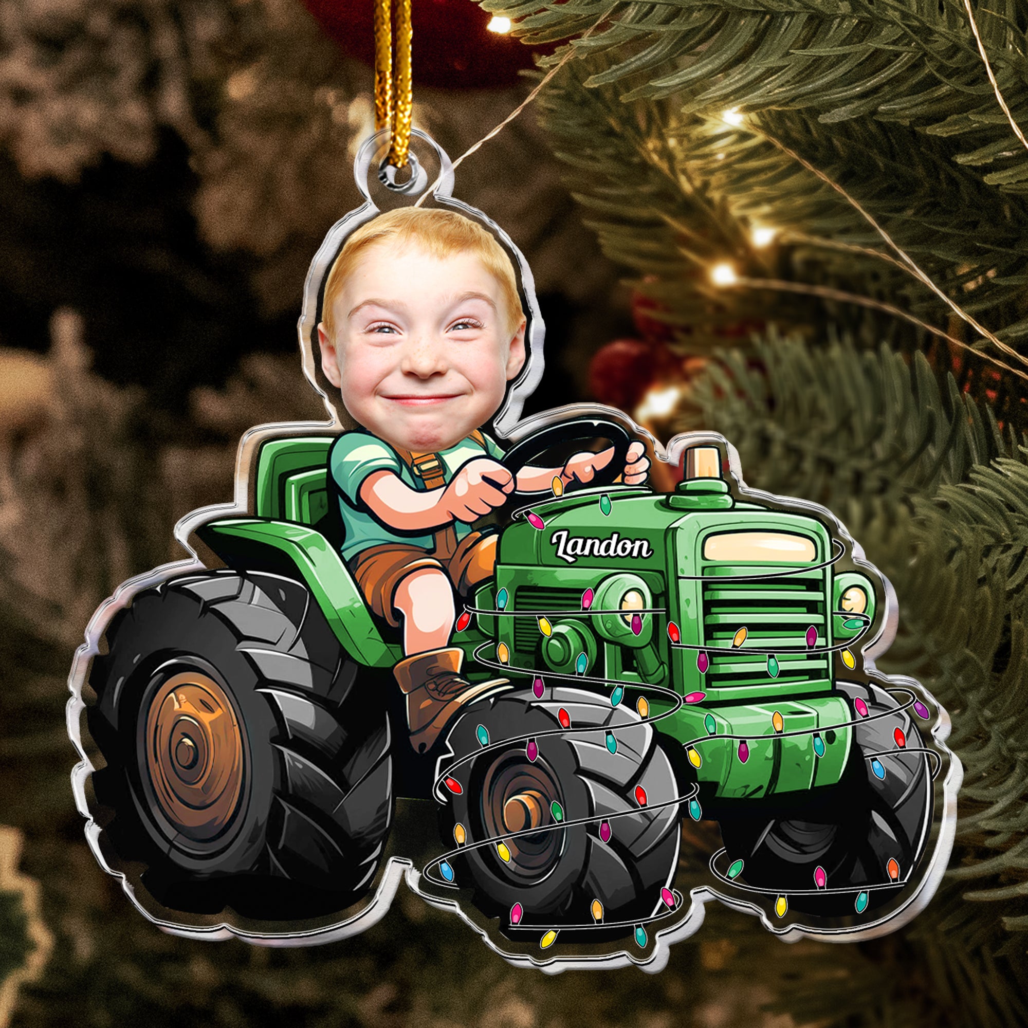 Just A Boy Who Loves Tractor Custom Kid Face - Personalized Acrylic Photo Ornament