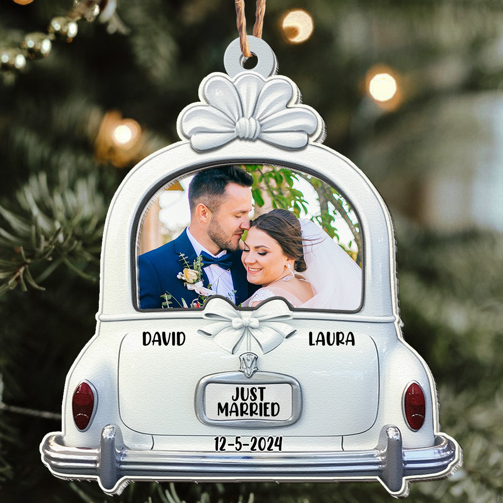 Just Married - Personalized Wood And Acrylic Photo Ornament