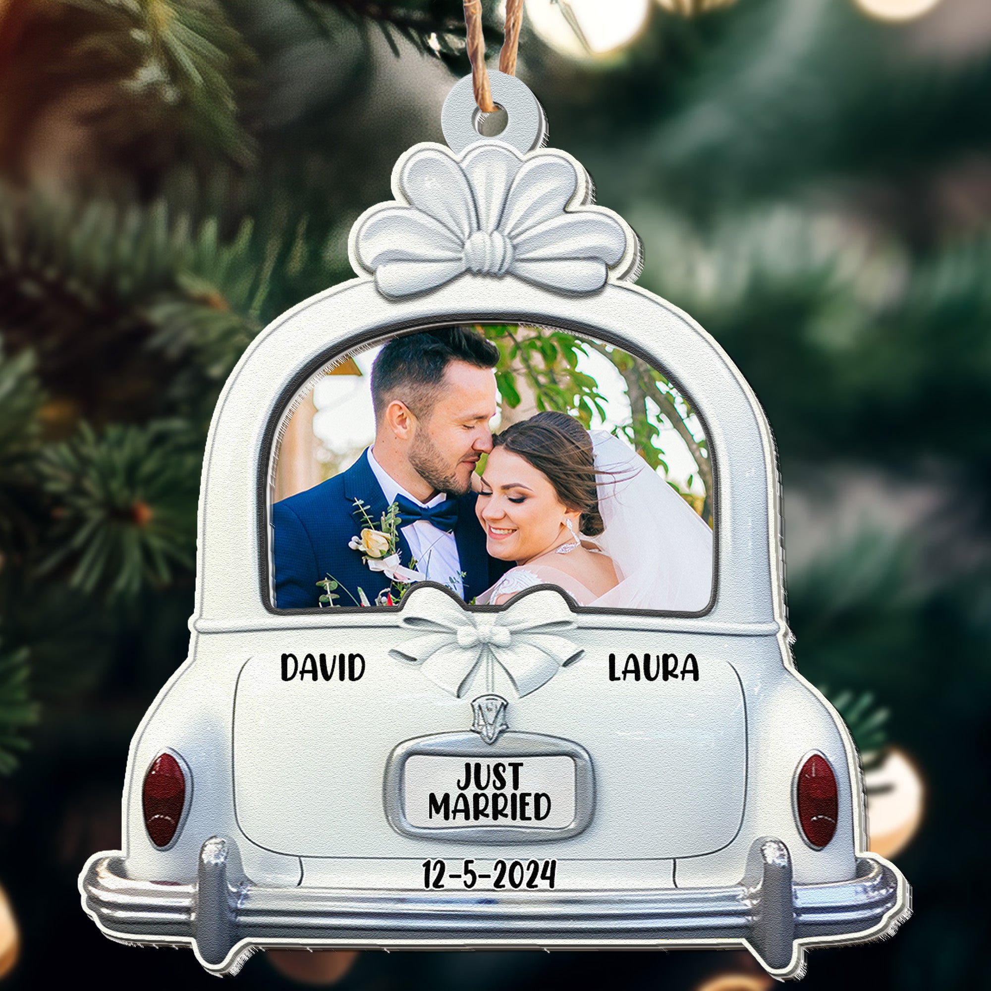 Just Married - Personalized Wood And Acrylic Photo Ornament