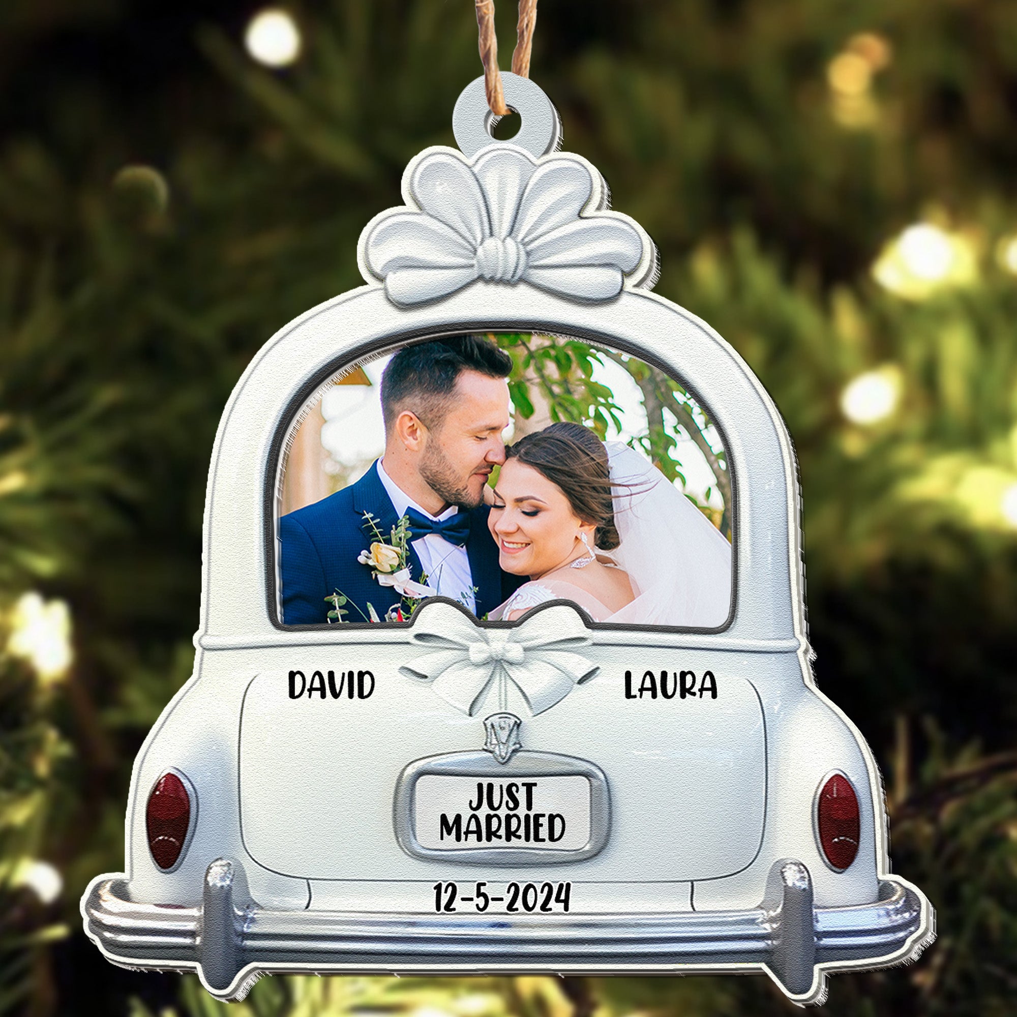 Just Married - Personalized Wood And Acrylic Photo Ornament