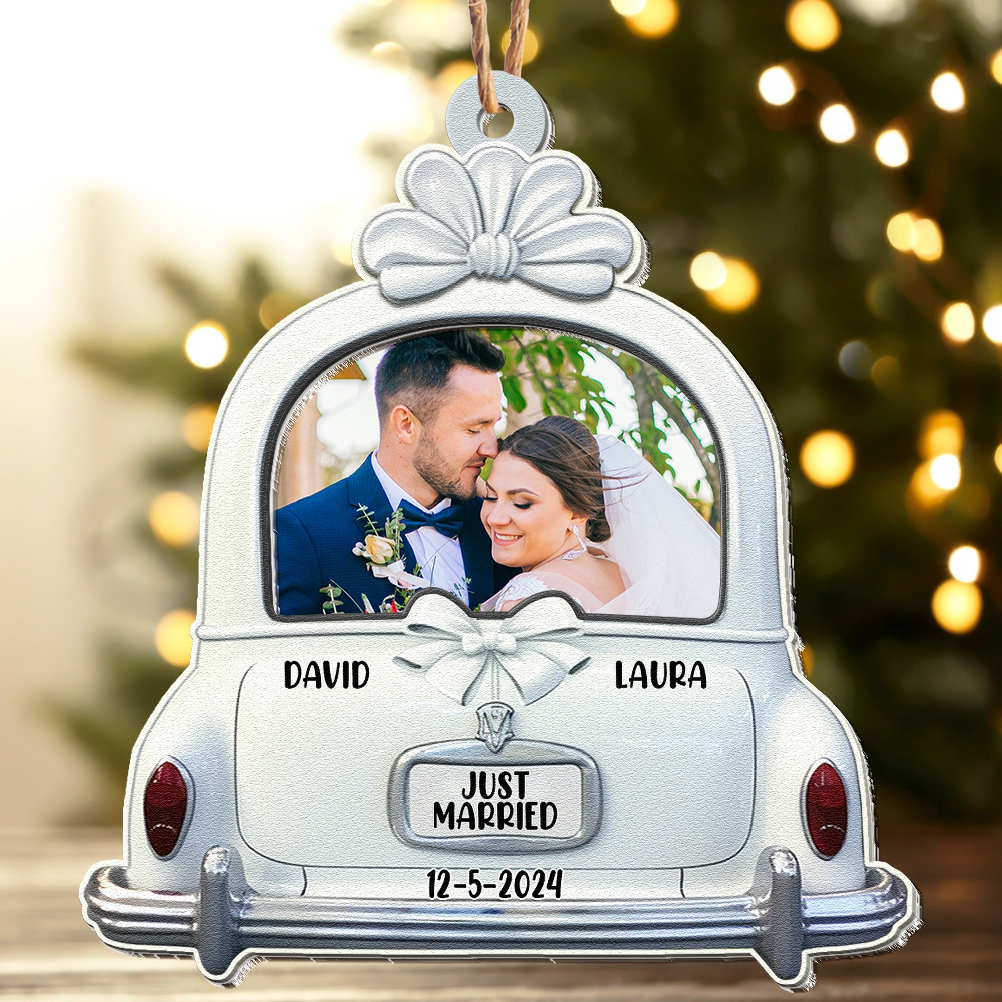 Just Married - Personalized Wood And Acrylic Photo Ornament