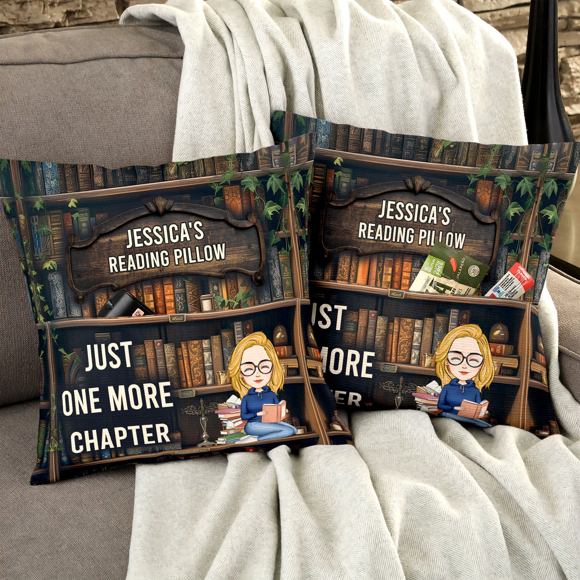 Just One More Chapter- Reading Pillow - Personalized Pocket Pillow (Insert Included)