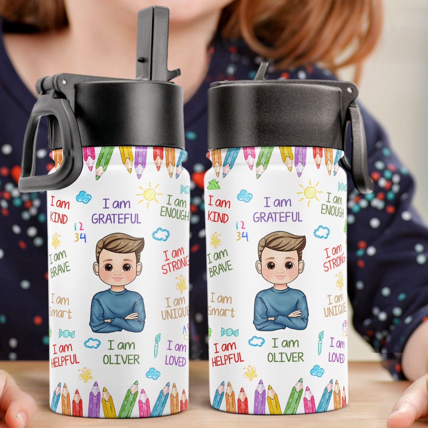 Kid Affirmations I Am Kind - Personalized Kids Water Bottle With Straw Lid