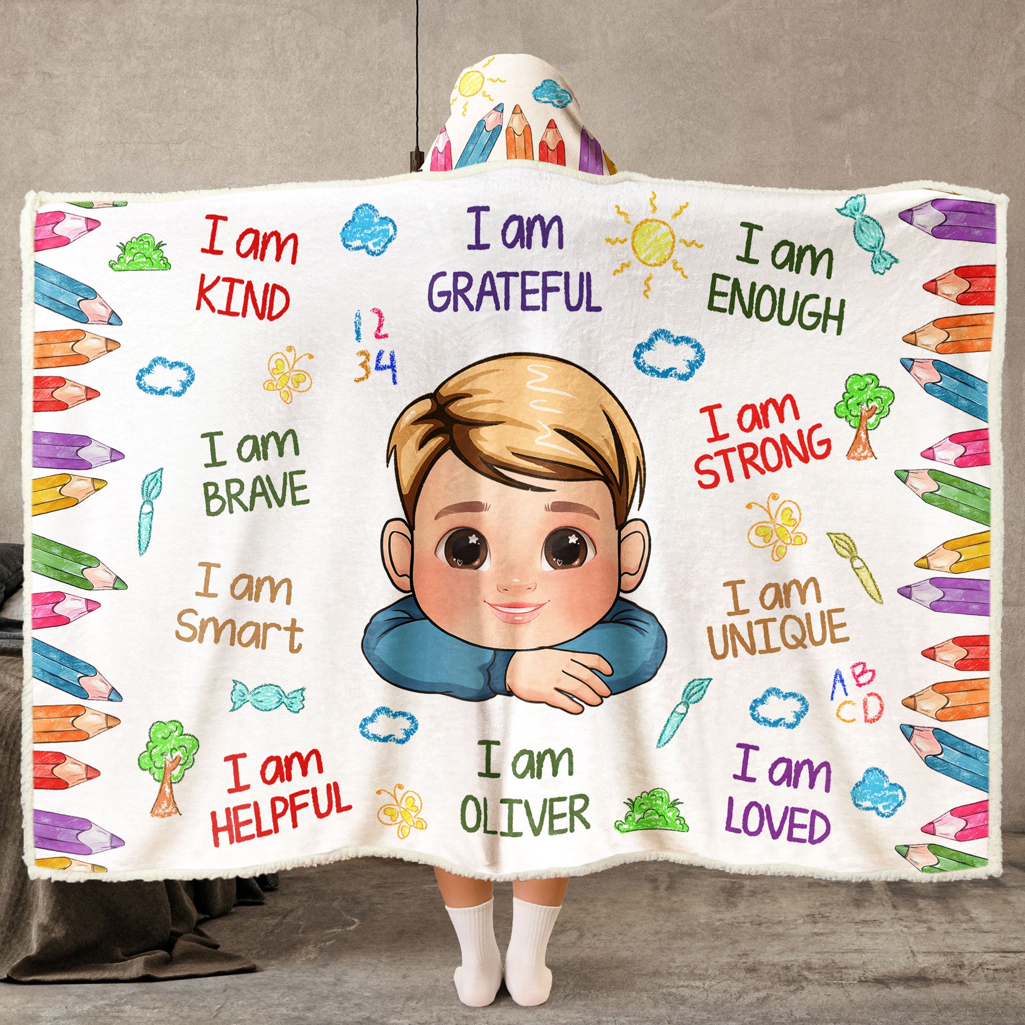 Kid Affirmations I Am Kind Smart Loved - Personalized Photo Wearable Blanket Hoodie