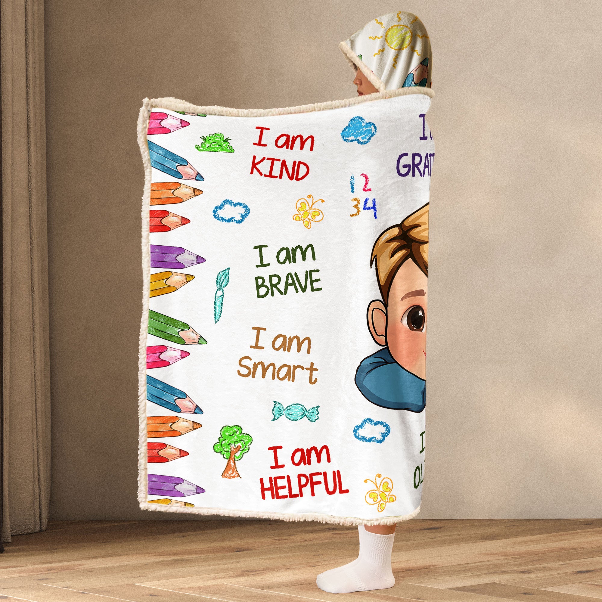 Kid Affirmations I Am Kind Smart Loved - Personalized Photo Wearable Blanket Hoodie