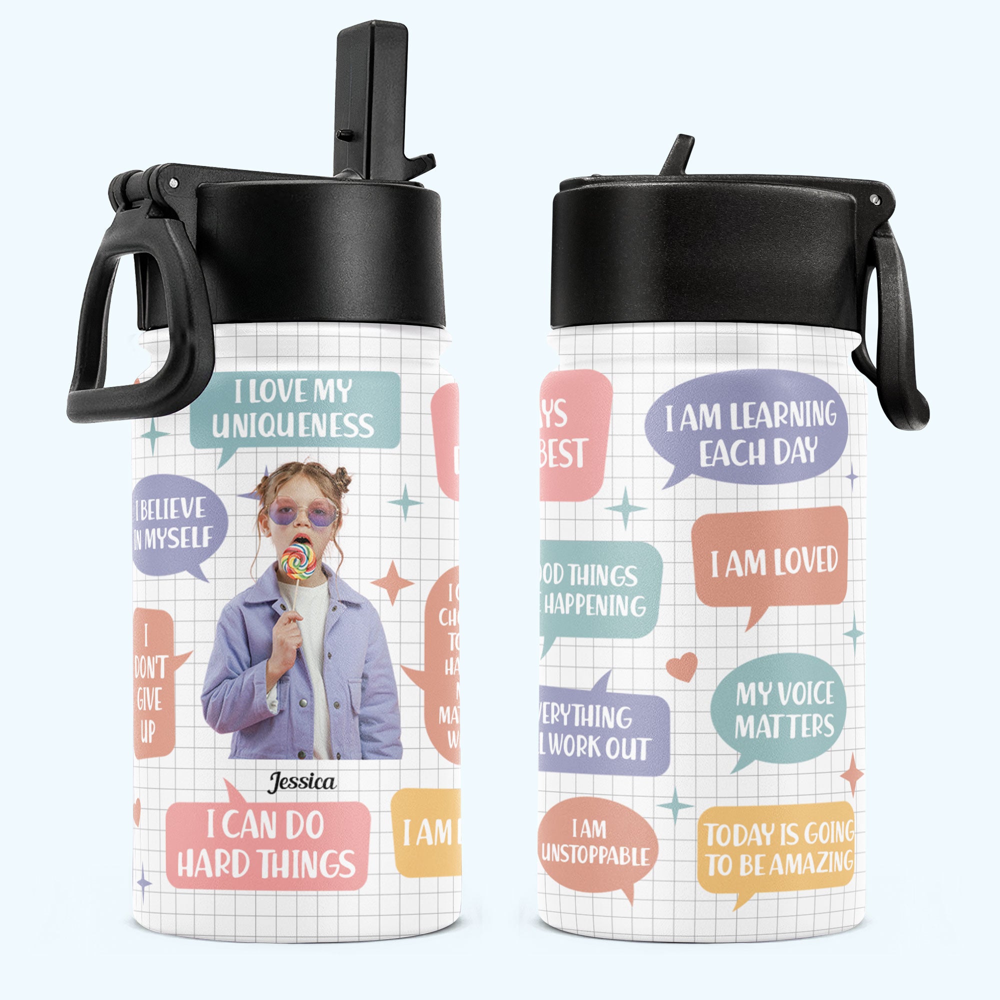 Kid Daily Affirmations - Personalized Photo Kids Water Bottle With Straw Lid