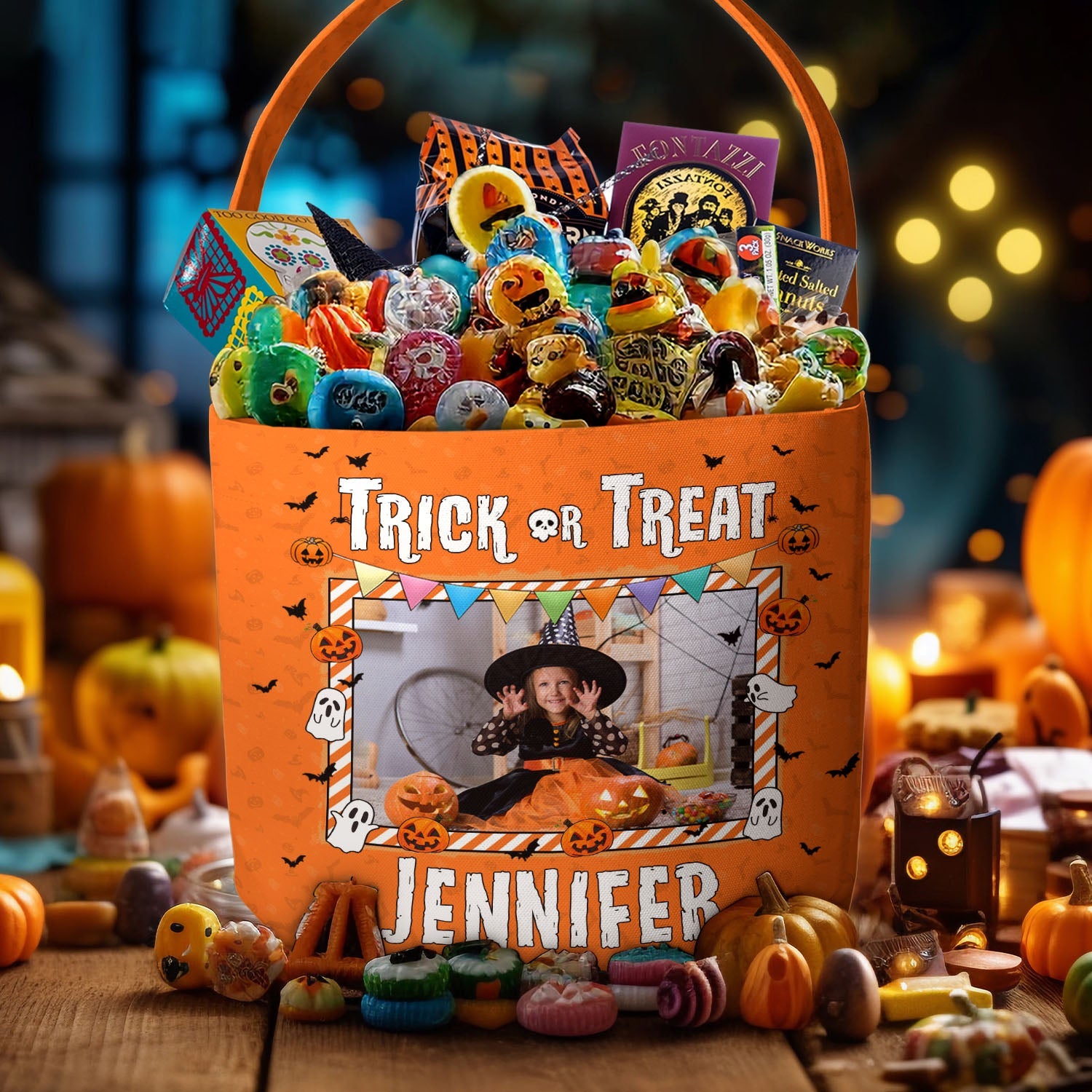 Kid Halloween Trick Or Treat Bag - Personalized Photo Halloween Spooky Basket