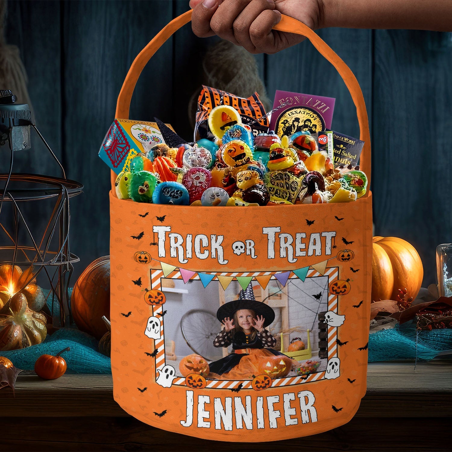 Kid Halloween Trick Or Treat Bag - Personalized Photo Halloween Spooky Basket