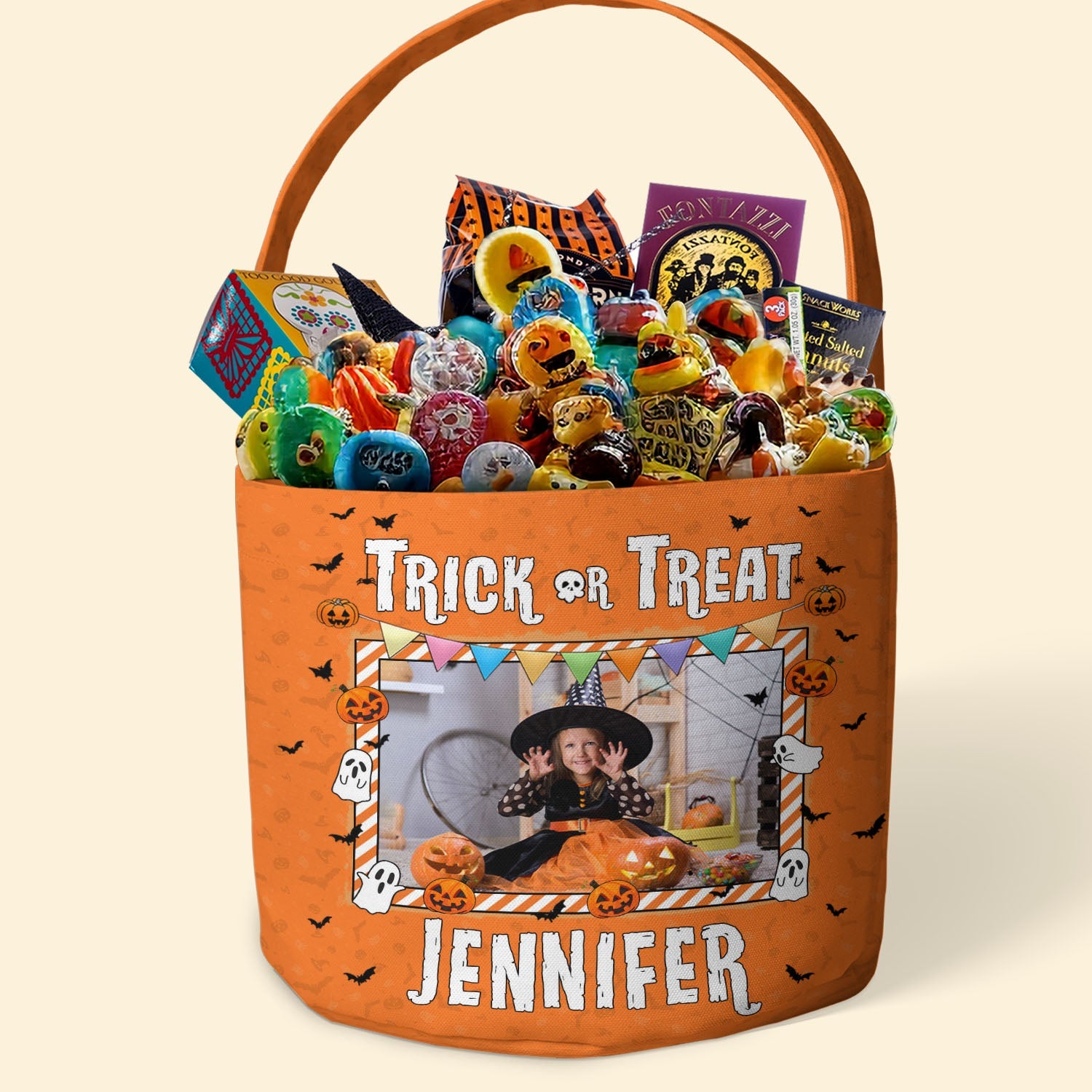 Kid Halloween Trick Or Treat Bag - Personalized Photo Halloween Spooky Basket