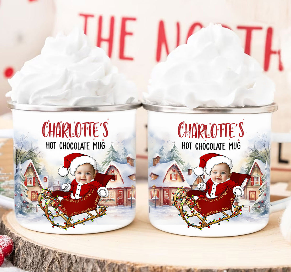 Kid's Hot Chocolate Mug With Christmas Sleigh - Personalized Photo Enamel Mug