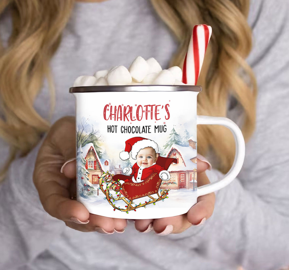 Kid's Hot Chocolate Mug With Christmas Sleigh - Personalized Photo Enamel Mug